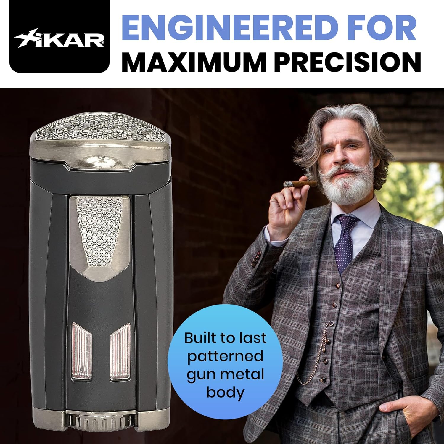 Xikar HP3 Triple Jet Flame Butane Torch Lighter, Silver | Wind Resistant, Refillable Fuel Tank with EZ-View Window, Adjustable Flame, Easy Push Ignition, Flip-Top Lid, High Altitude Tested