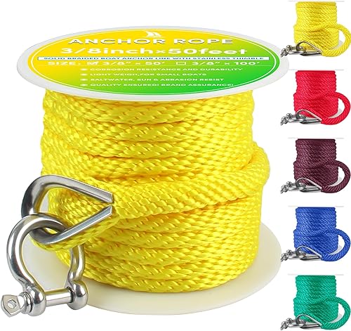 Vista 56 de Cuerda de anclaje premium de 100 pies x 3/8 pulgadas, cuerda marina de línea de anclaje MFP trenzada sólida con dedal y grillete, color negro