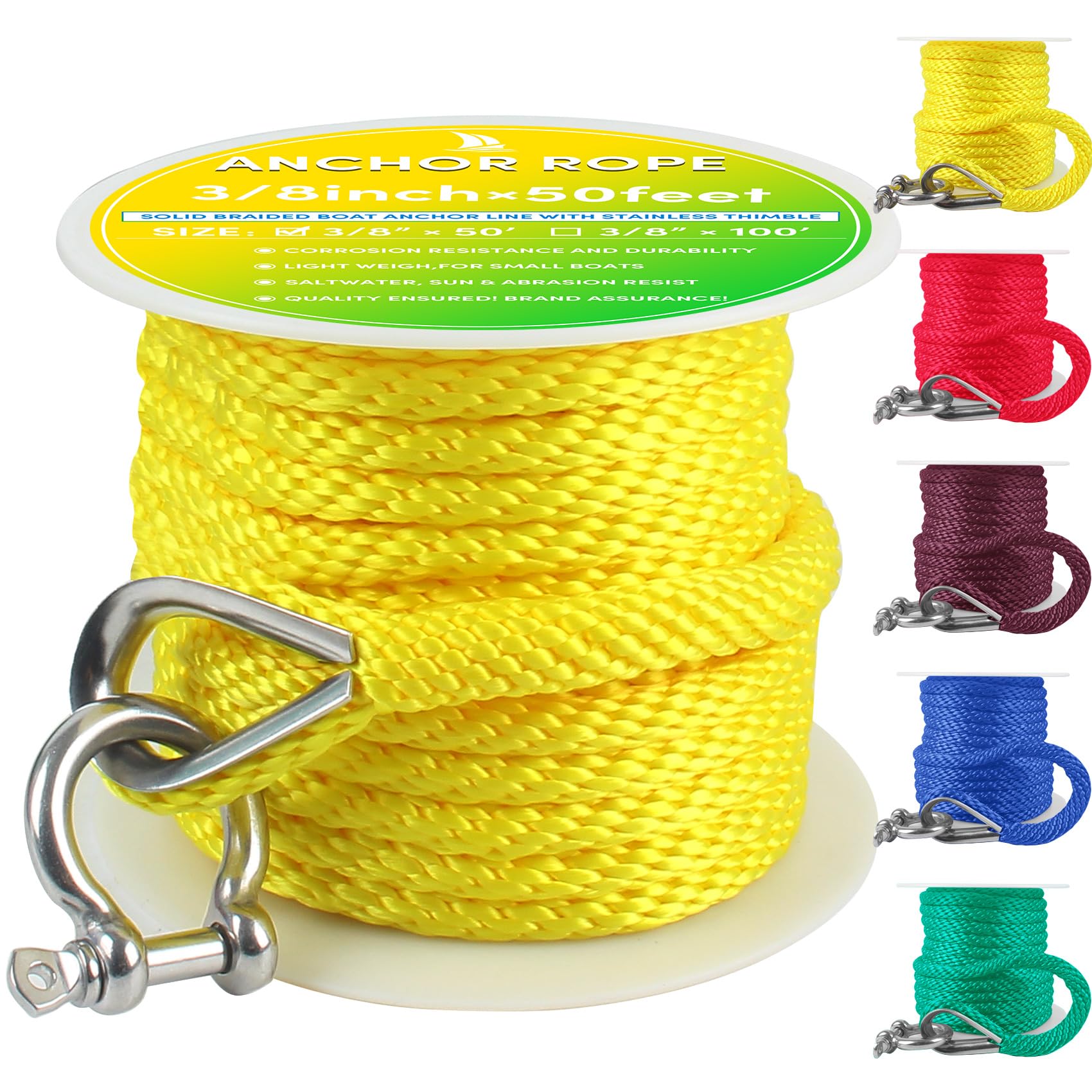 VEITHI Premium Anchor Rope 50 ft x 3/8 inch, Solid Braid MFP Anchor Line Boat Rope Marine Rope,Boat Anchor Rope with Thimble & Shackle - Yellow, MS-JGD-036