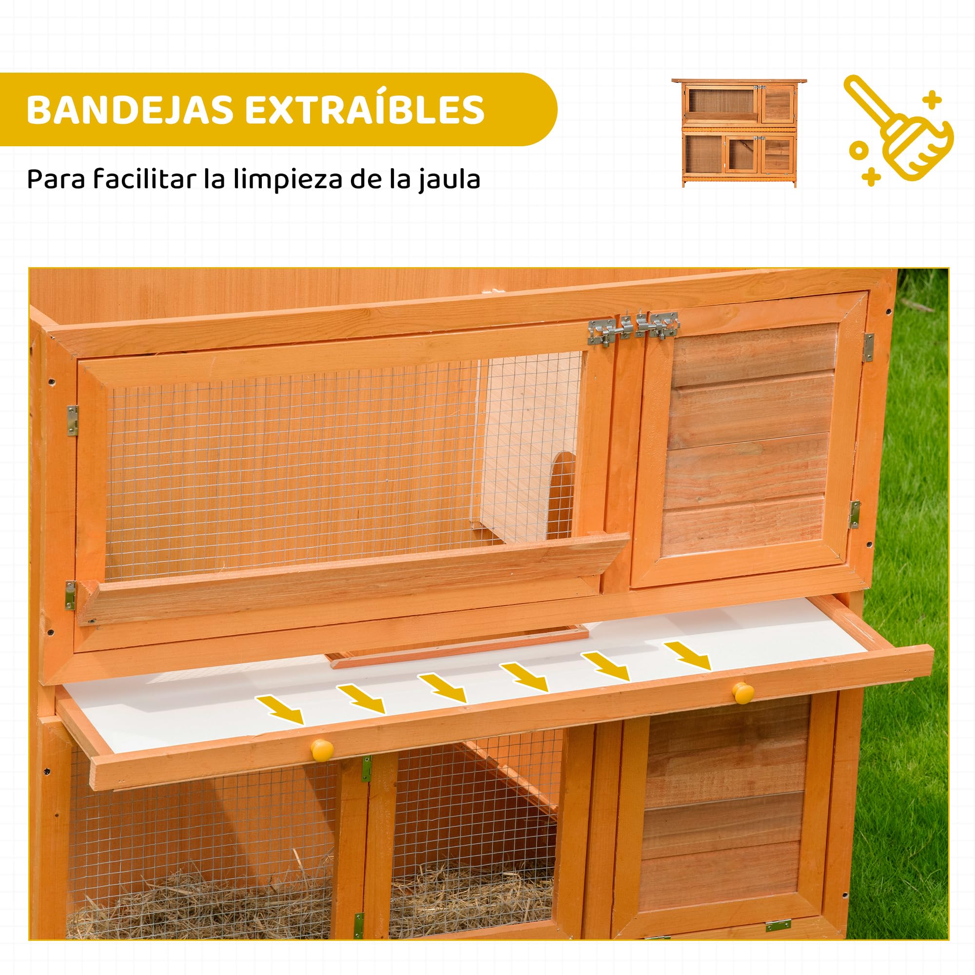 PawHut Conejera de Madera Exterior de 2 Niveles, Jaula para Conejos con Techo de Asfalto Abatible, Puertas, Rampa y 2 Bandejas Extraíbles, 120x48x100 cm, Madera Natural