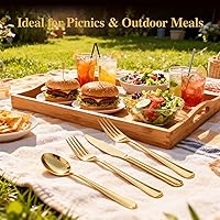 Vista 3 de FOCUSLINE Juego de 160 cubiertos de plástico dorado, incluye 80 tenedores dorados, 40 cuchillos, 40 cucharas, cubiertos desechables de plástico