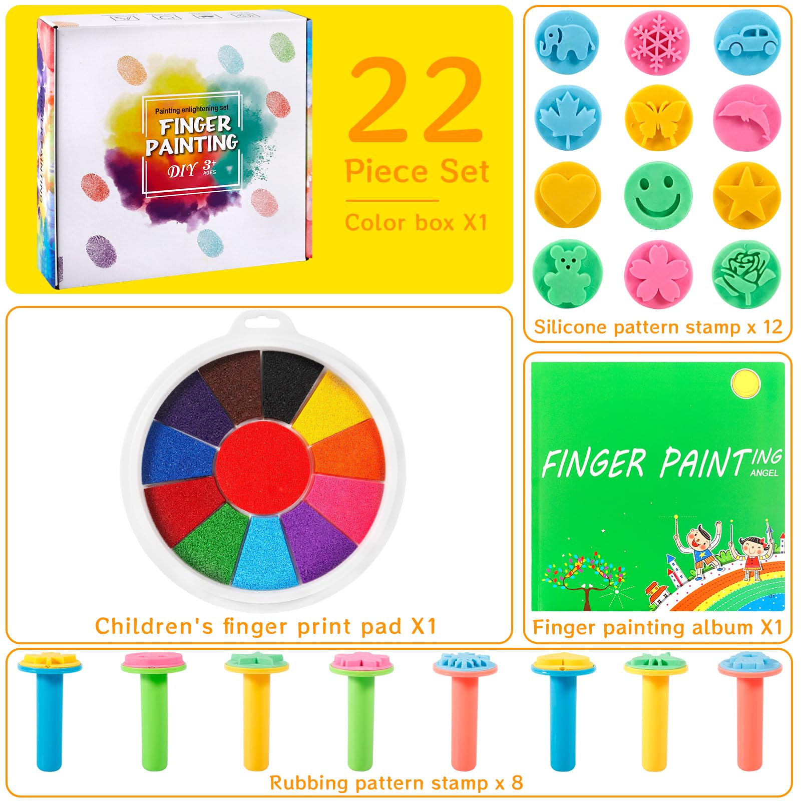 12 Colores Almohadilla De Tinta Para Niños Con 20 Sellos De Silicona Y Álbum De Pintura - Kit Creativo Para Pintar Con Dedos