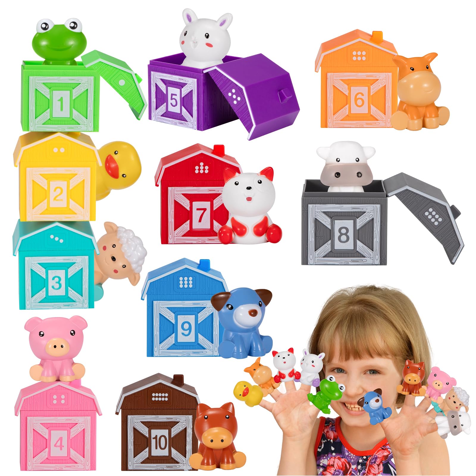 Wisplye Juguetes Marionetas Dedo, Animales Granja Bebe, Montessori Educativos Juego para Niños Niñas Pequeños 1 2 3 Años, Clasificar y Apilar Contar Emparejar (10 Piezas)