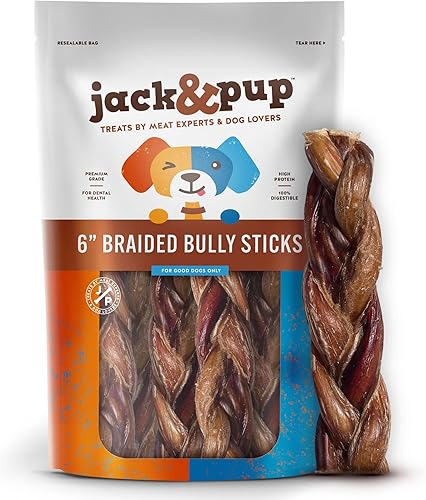 Jack&Pup - Palitos trenzados de 6 pulgadas Palitos de matón de larga duración para perros grandes masticadores agresivos Un solo ingrediente,