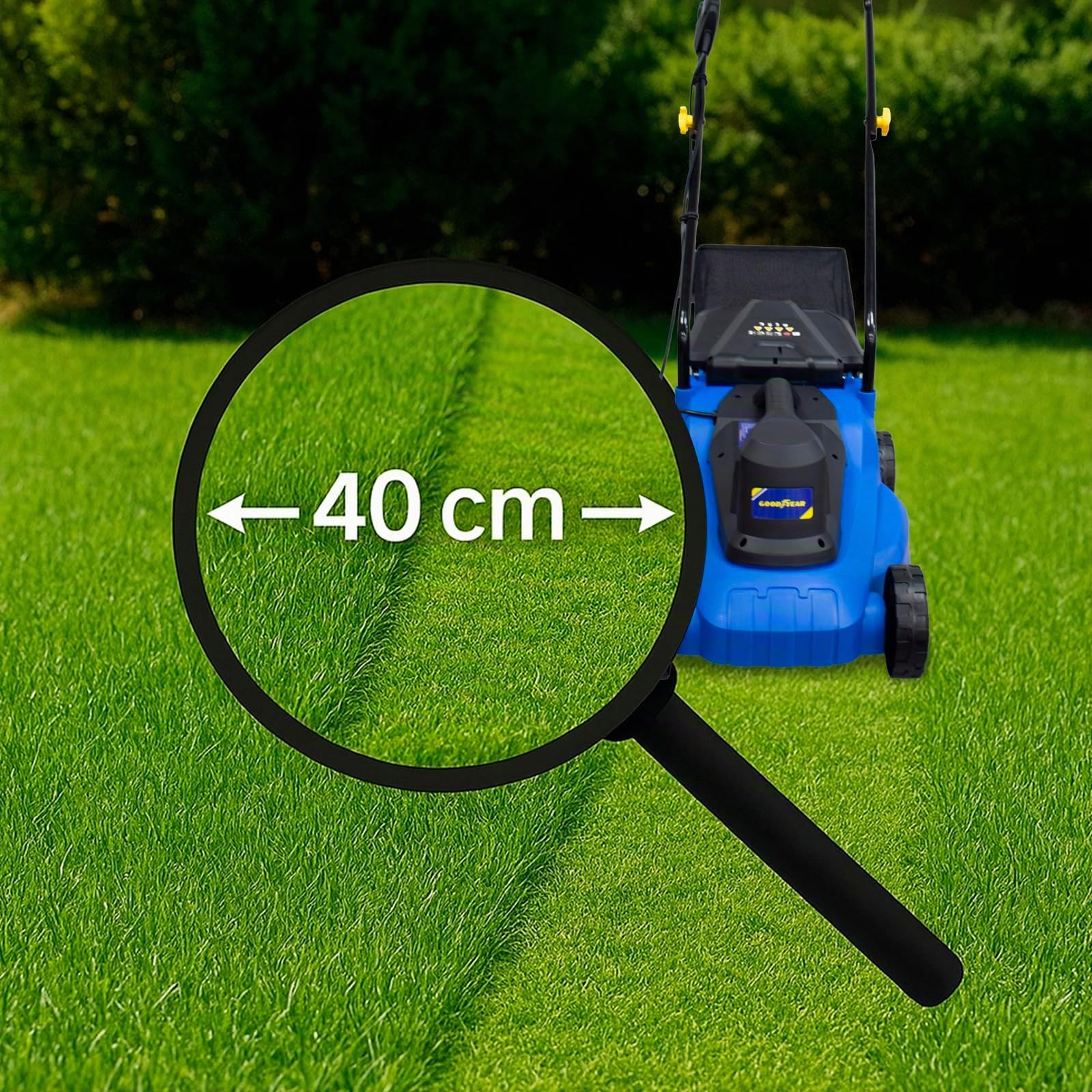 Goodyear - Tondeuse à Gazon Électrique 1800W, Largeur de Coupe 40cm, Moteur 3200 TR/Min, Tondeuse Électrique Filaire pour Jardin jusqu'à 300m², Hauteur Réglable & Bac de Ramassage 35L