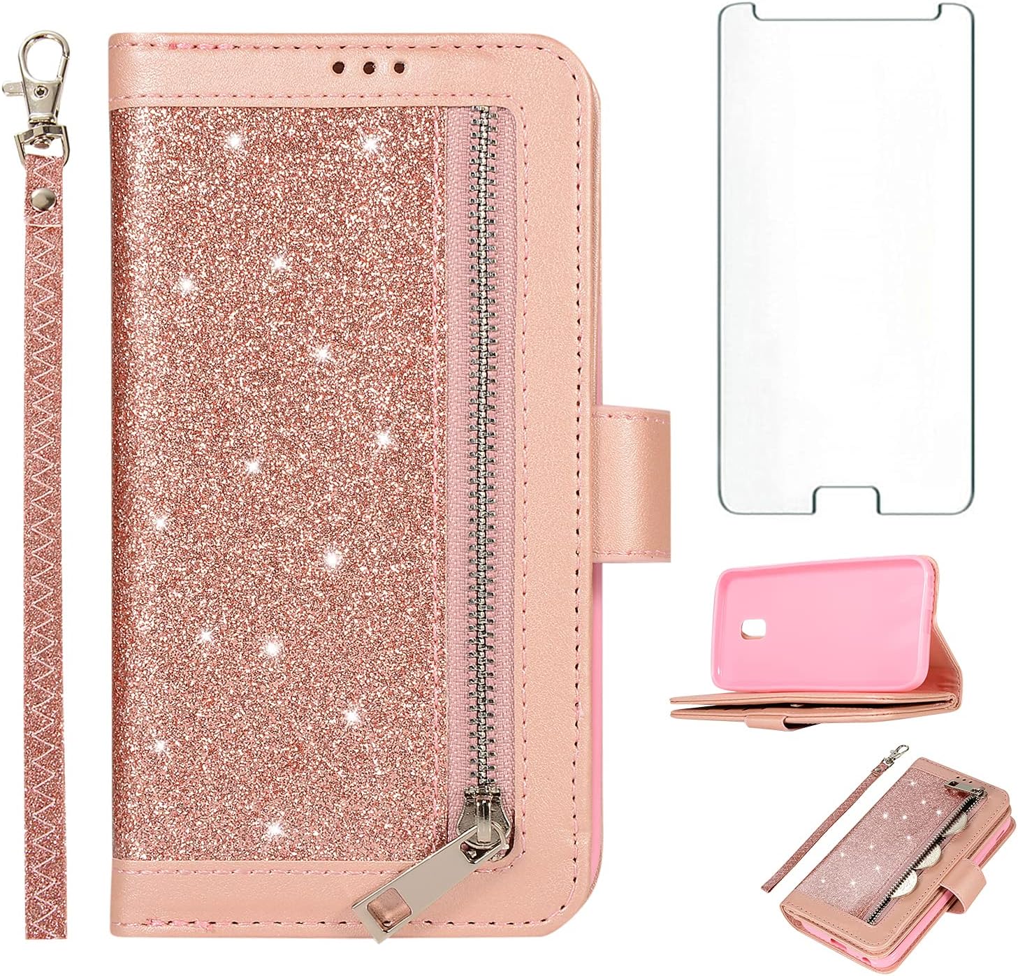 Asuwish Compatible with Samsung Galaxy J3 Luna Pro J 3 Prime 2017 Emerge 3J Eclipse Mission Wallet Case and Tempered Glass Screen Protector Zipper Card Holder Phone Cases for Glaxay S327VL Rose Gold