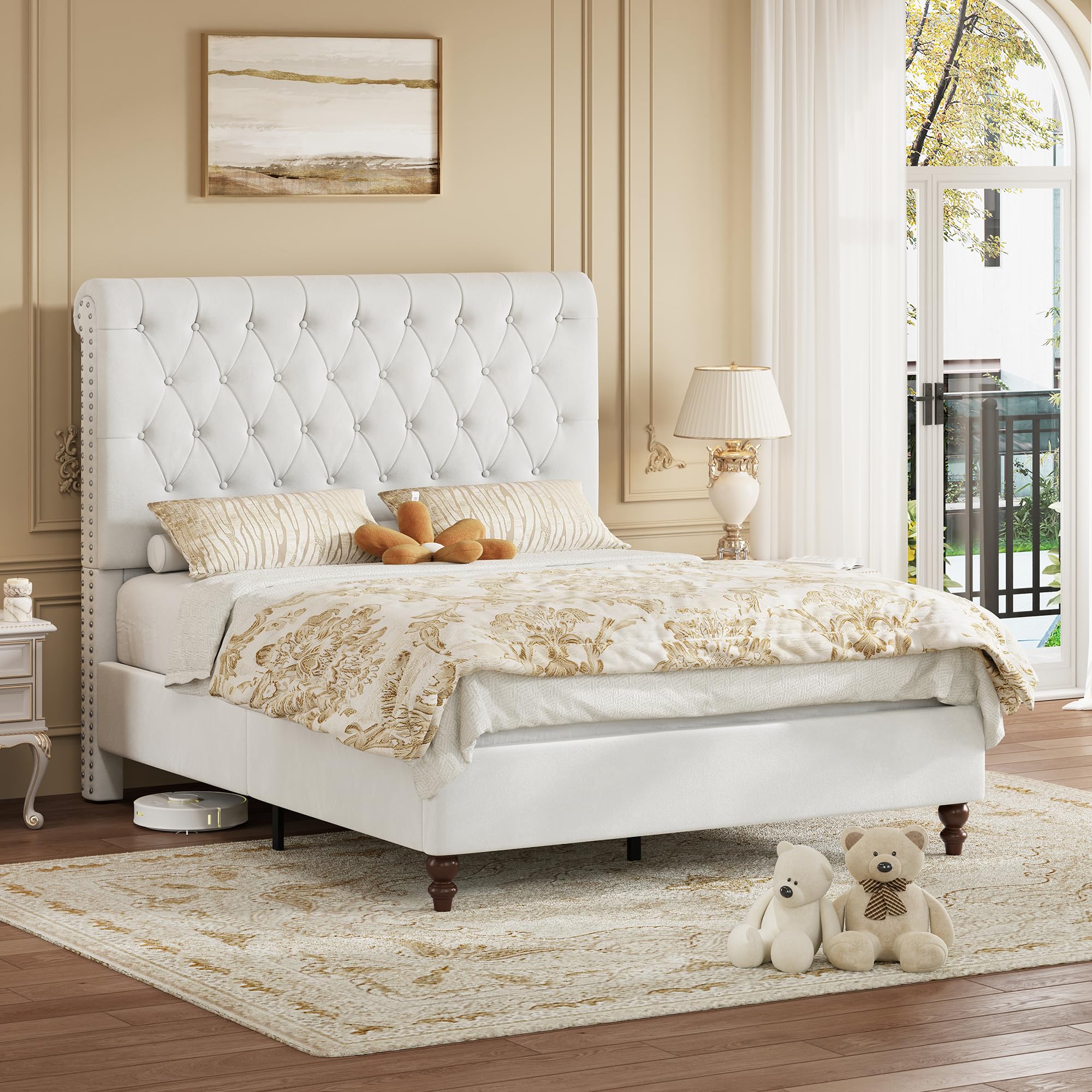 LUXOAK Double Bed Frame, 135 x 190 cm, Velvet Upholstered Bed with 115 cm Button Tufted Headboard, Rolled Edge Stud Detail, Solid Wood Legs, White