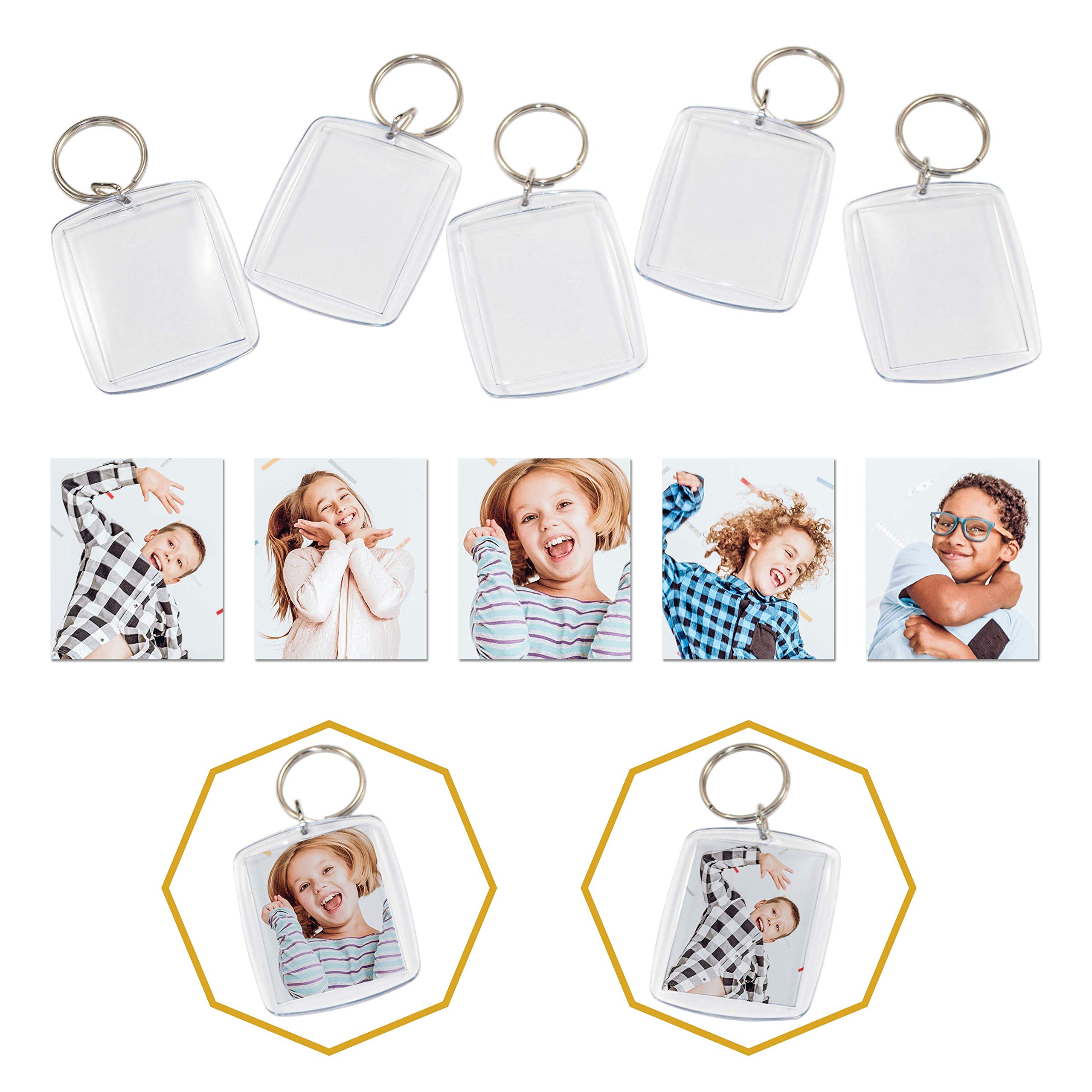 25 Stück Acryl-Foto-Schlüsselanhänger mit Schlüsselring, kratzfeste Verpackung, exakt für Passfoto, Größe 4,5 x 3,5 cm, leerer Schlüsselanhänger