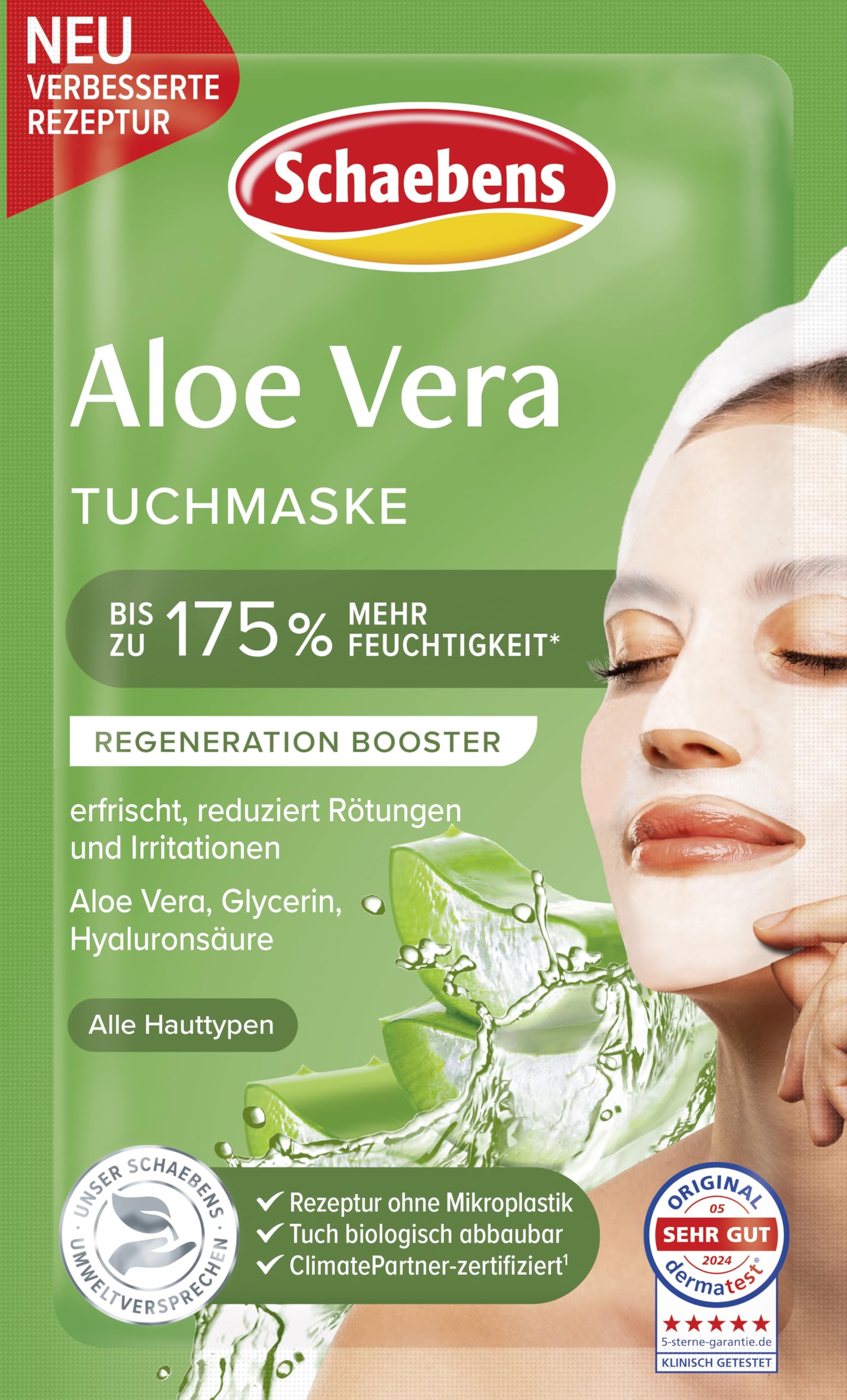 Schaebens Aloe Vera Tuchmaske - erfrischt, reduziert Rötungen und Irritationen mit Aloe Vera, Glycerin und Hyaluronsäure für alle Hauttypen.