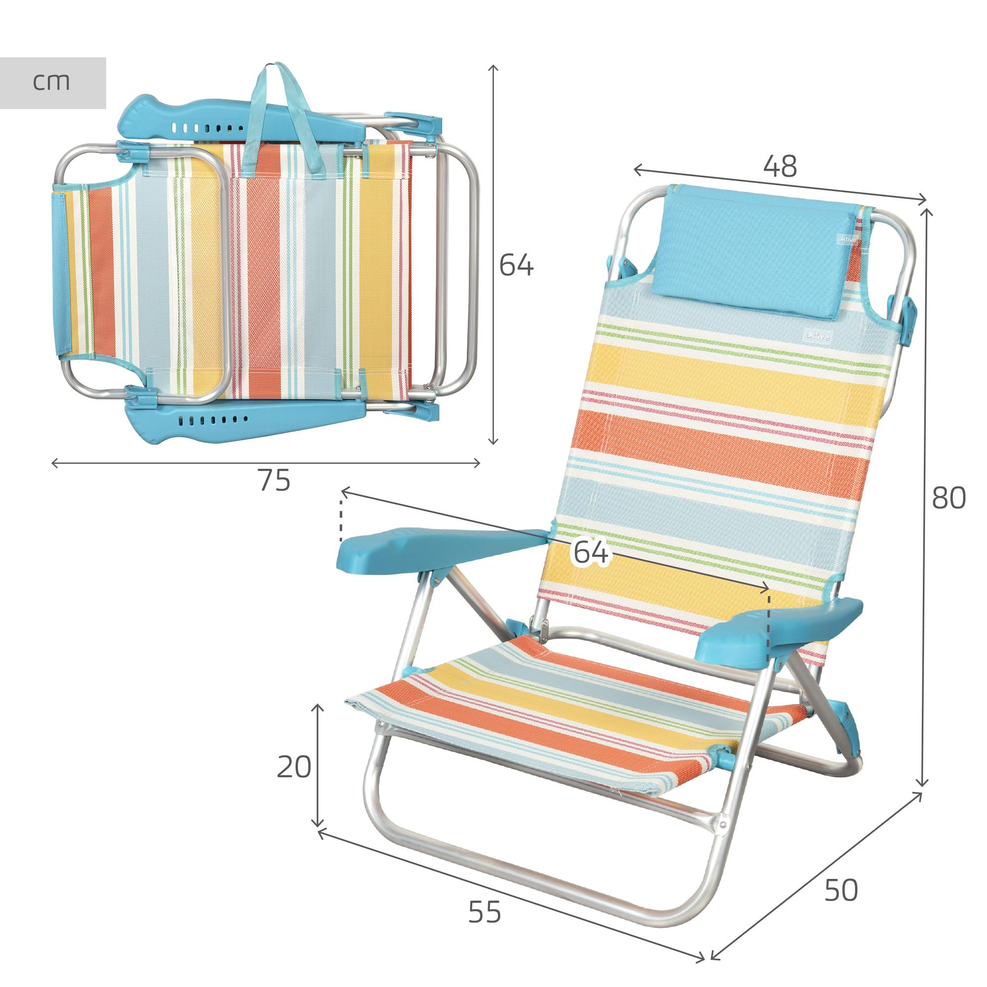 AKTIVE Chaise Pliante de Plage, 47 x 49 x 82 cm, inclinable en 8 Positions, en Aluminium et textilène à Rayures Multicolores, avec Coussin, Poche arrière et poignées à Main, modèle Santorini (62419)