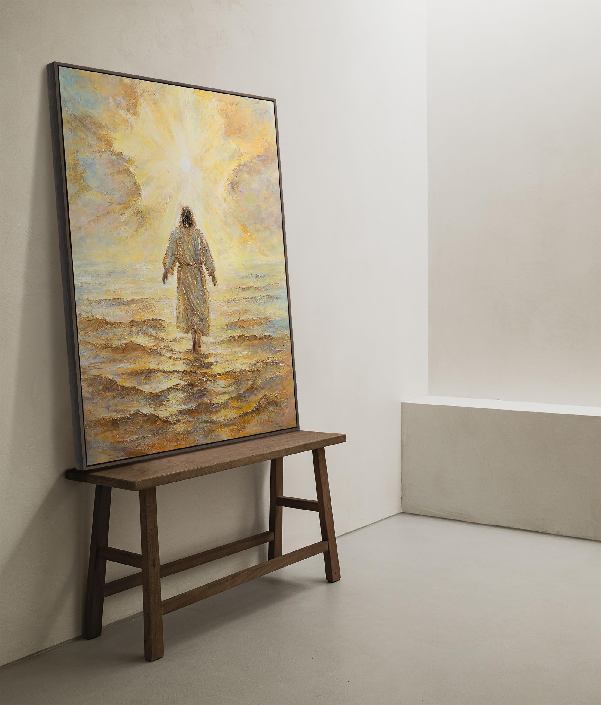 YS -Art Dipinto a mano Gesù Quadro su tela Spirituale Murale cristiana con cornice Pittura Acrilica Religiosa Mare & Luce Decorazione moderna da parete 140 x 100 cm