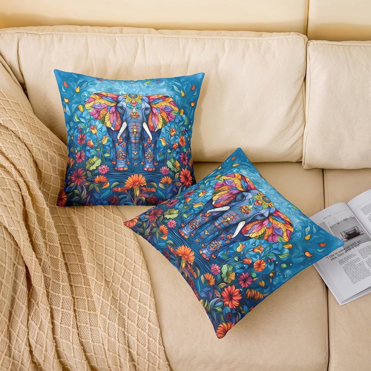 Flowers Rustic Garden Botanical Double Sides Print Pillow Cover for Sofa Couch Chair,Ethnic Elephant Wildlife Animals Throw Pillow Case Cover,Elephant Single Pack Cushion Cover Room Decor,24"x 24"