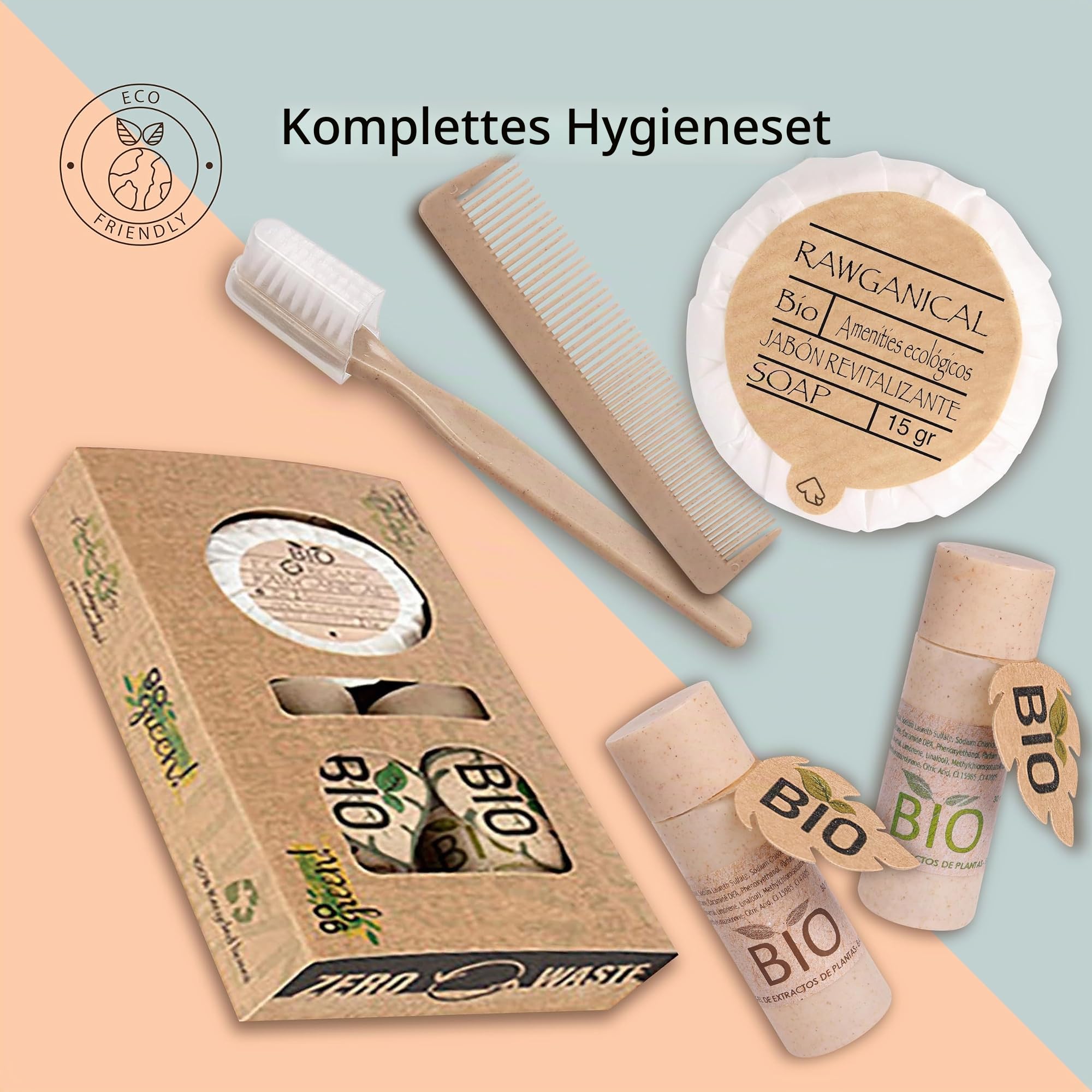 50 komplette Hygienesets in Bio-Box | Willkommenspaket für Hotels und Touristenunterkünfte | Hotel Amenities Set, 100 % Umweltfreundlich | Beste Hotelkosmetik | 50 Stück à 5 Produkte