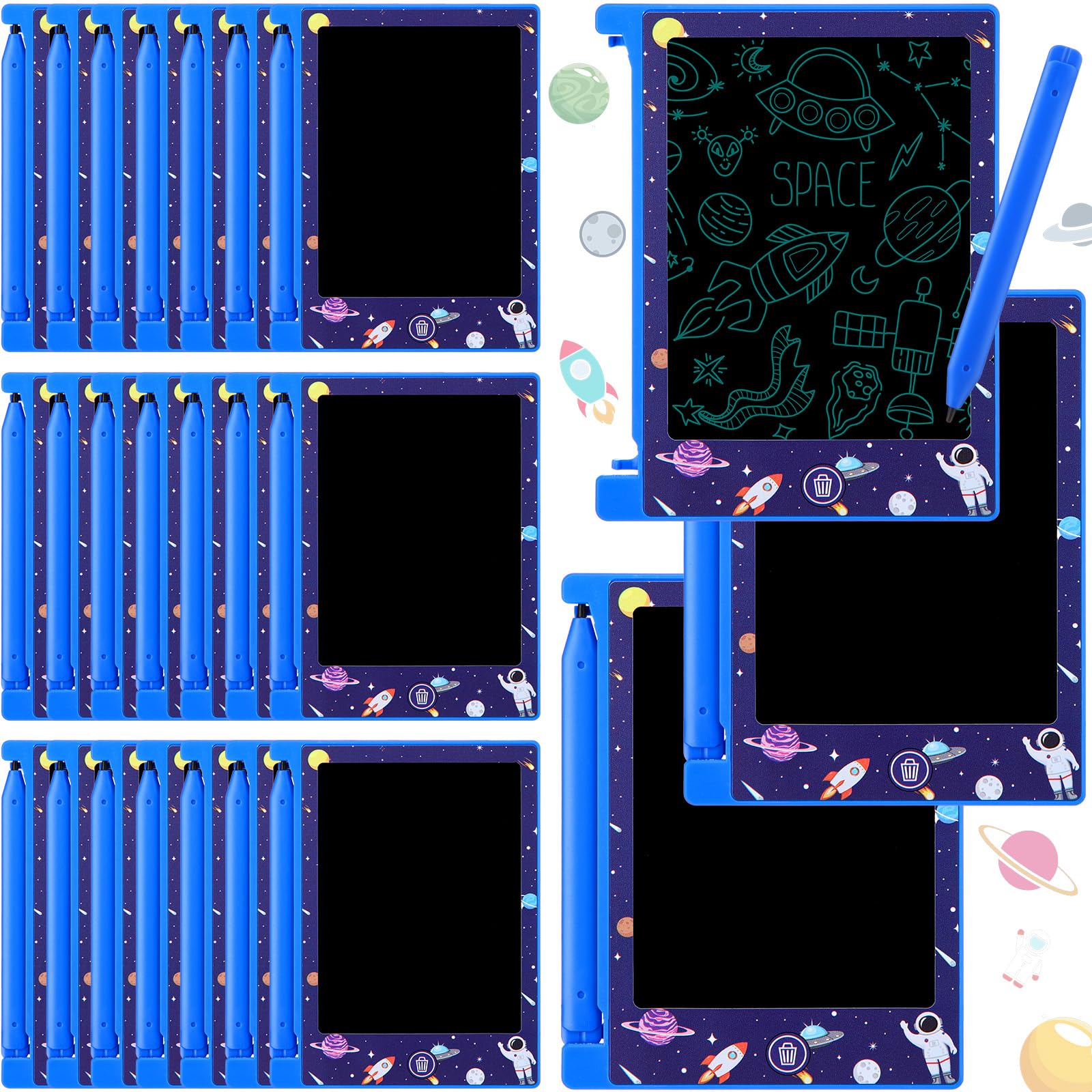 Nezyo 24 Pack Space Party Favors, 4.6'' Mini LCD Writing Tablet for Kids, Space Checked Board Drawing Tablet Erasable Reusable Electronic Drawing Pads for Birthday Party Supplies Gifts