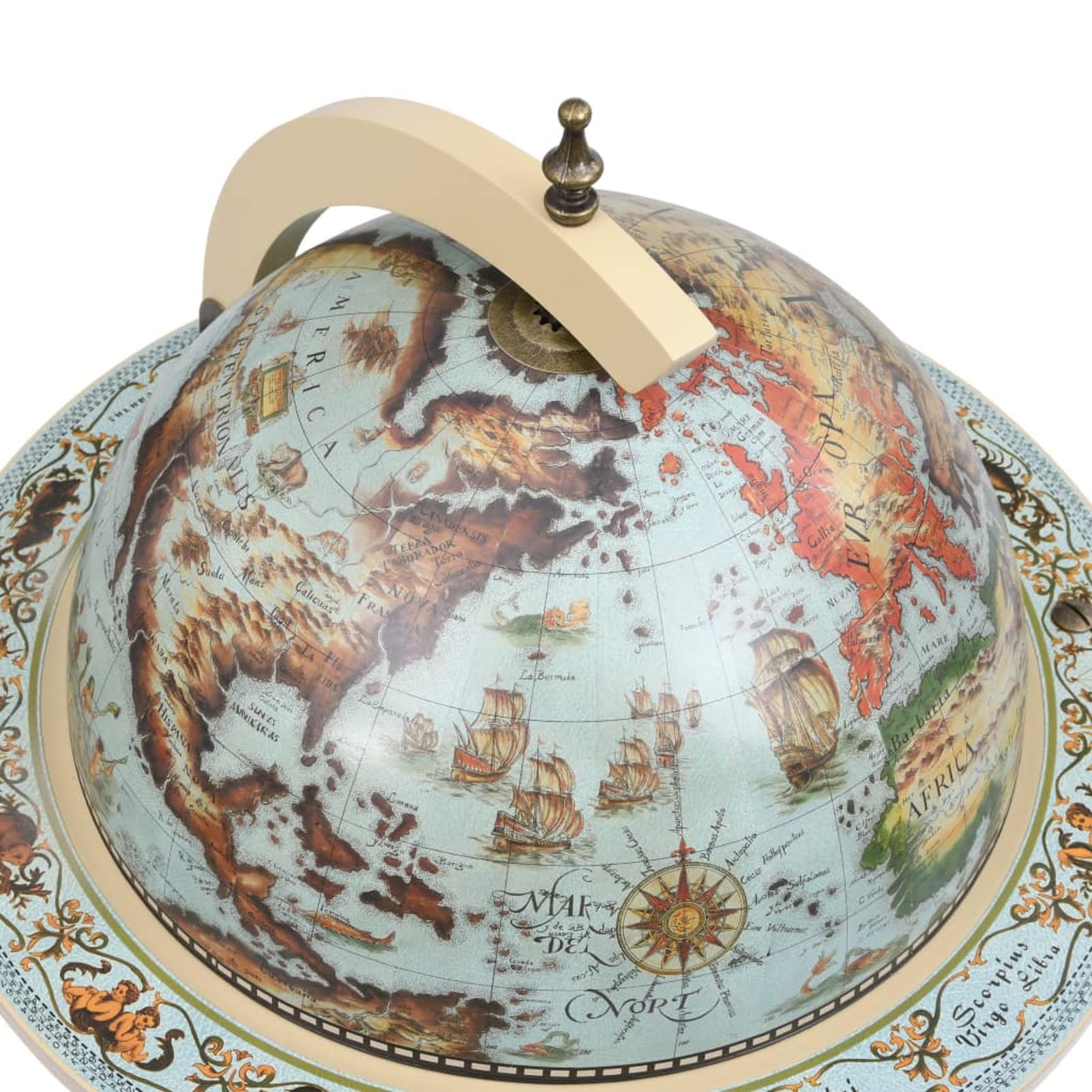 Cantinetta a Globo da Bar, Supporto per Bottiglie e Bicchieri con Ruote, Diametro 36 cm, in Legno Massello di Eucalipto Blu e Bianco, per Casa e Ufficio