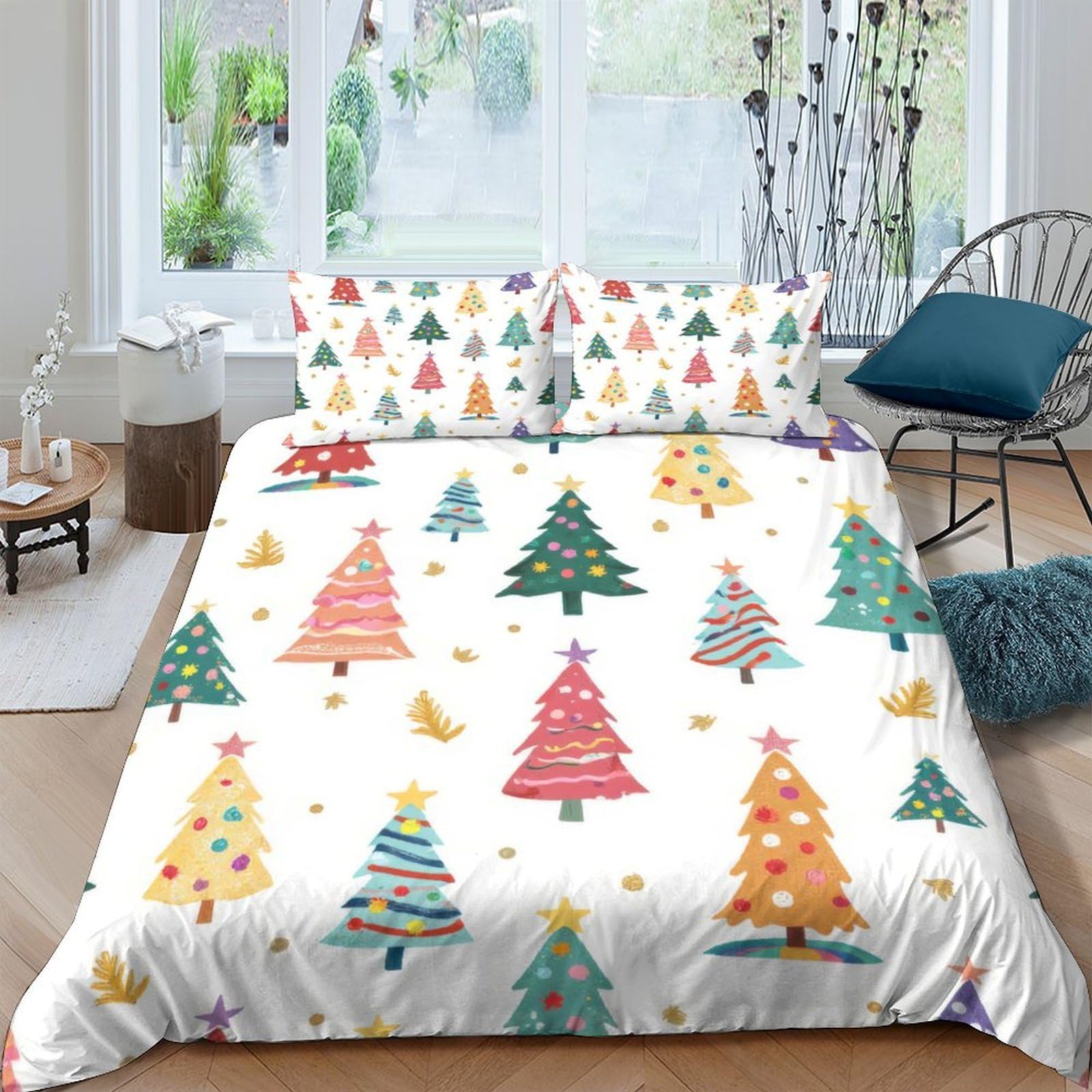 Ctjqhvkz Style-7 3D Printed Christmas Tree Fitted Sheet Microfiber Soft Colorful Snowflake Bed Cover For Bedroom Guest Room Easy Care Single（135X200cm）