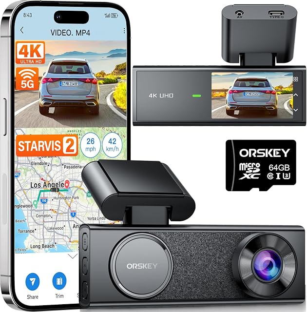ORSKEY 4K Dash Cam, STARVIS 2 Capteur, 64GB SD Carte inclus, Caméra Dash pour voitures avec 5GHz Wi-Fi GPS, 2.45" IPS, WDR Vision nocturne, 24H Mode de stationnement