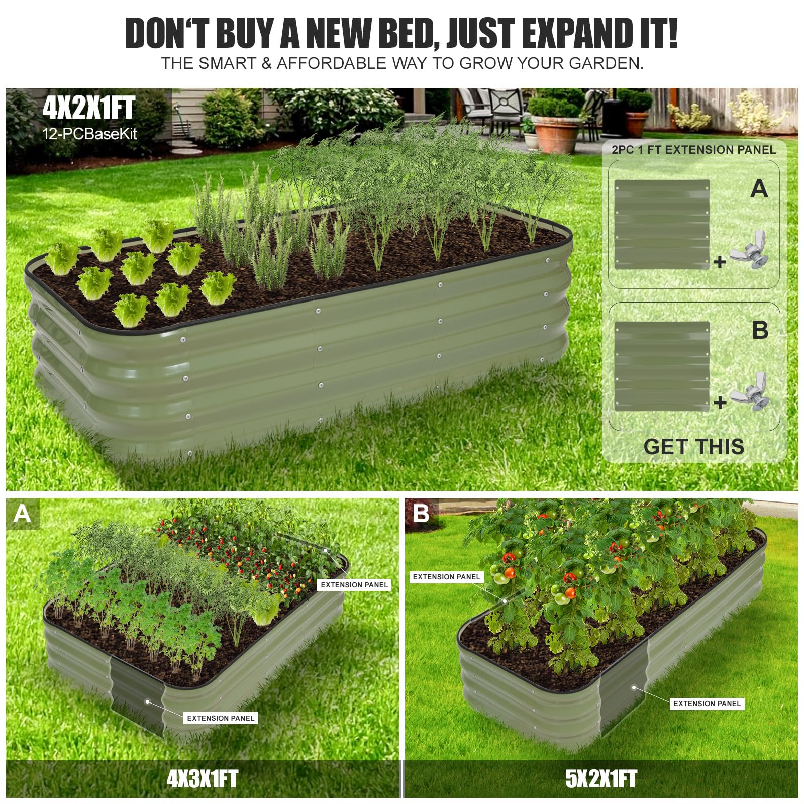 GoCampDriect 3-in-1-Hochbeet, verzinkt, für den Außenbereich, korrosionsbeständig, variable Form, Metall, Hochbeete zum Pflanzen von Gemüse, Kräutern, Obst, Blumen, Grün