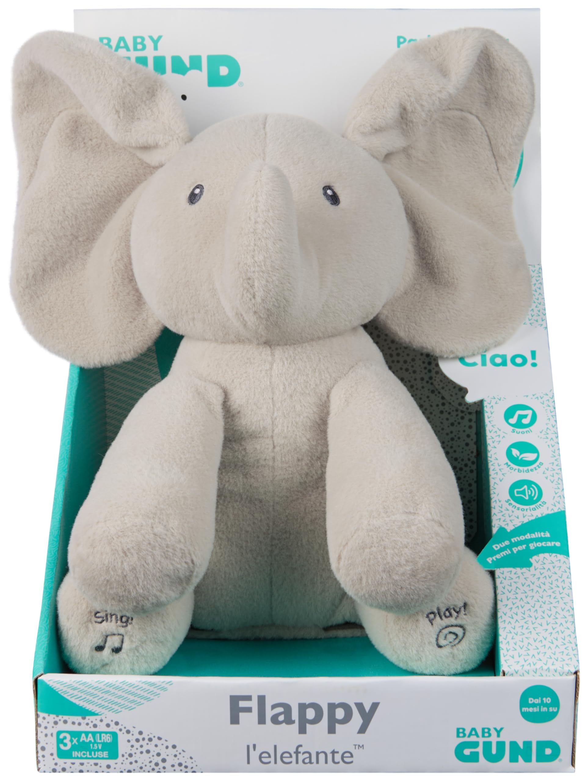 GUND Flappy Elefantino Peluche Interattivo, Canta e Parla in Italiano, Muove le Orecchie, Peluche di 30.5 cm, Peluche per Bambini, 10+ Mesi
