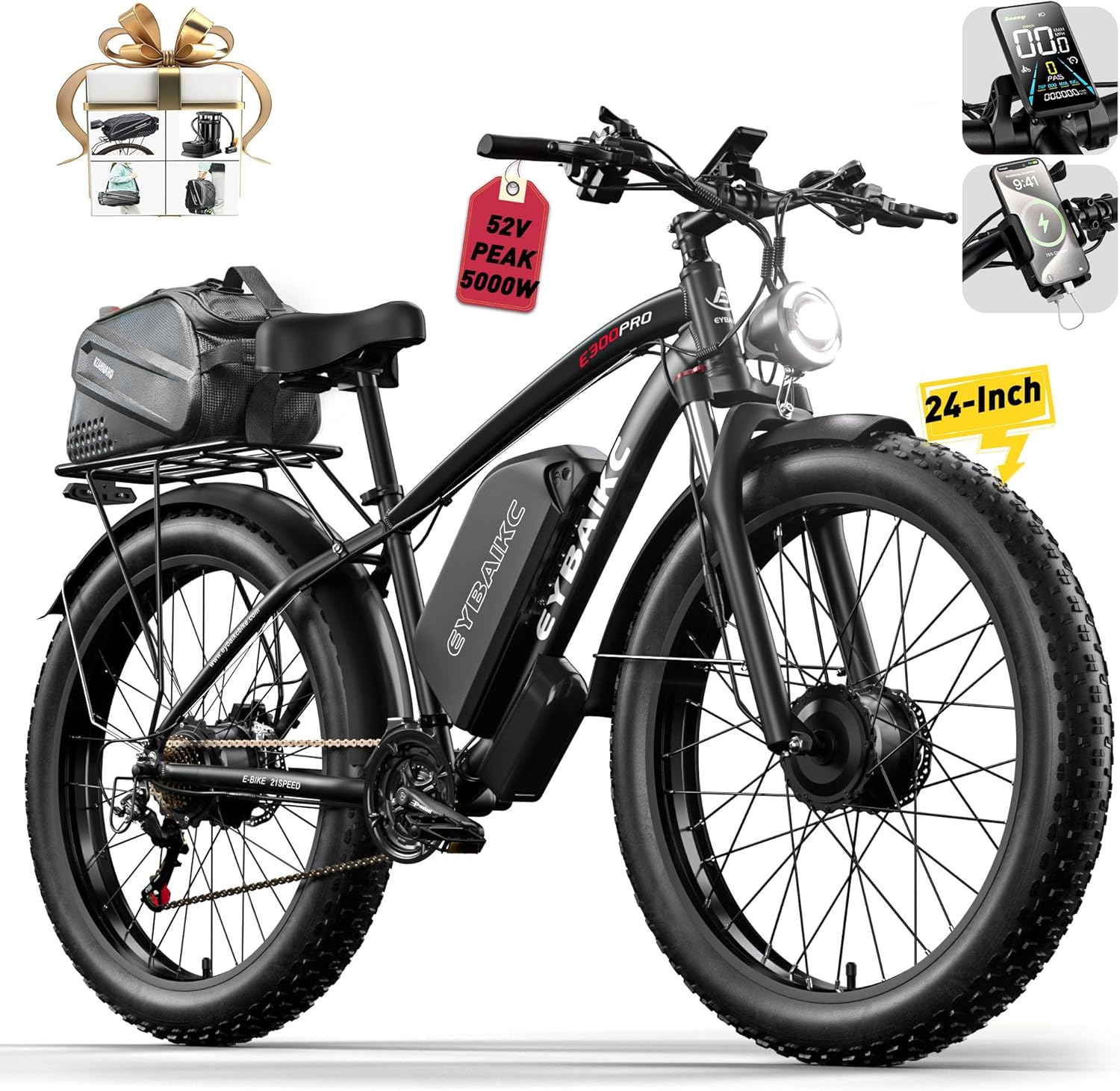 Dual Motor Peak 5000W Electric Bike for Adults, 52V32Ah Battery 100Miles Range, 40-45MPH E-Bike, 24" x4.0 Fat Tire, Hydraulic Disc Brake, Electric Mountain/Hunting Bicycle, UL 2849 product image