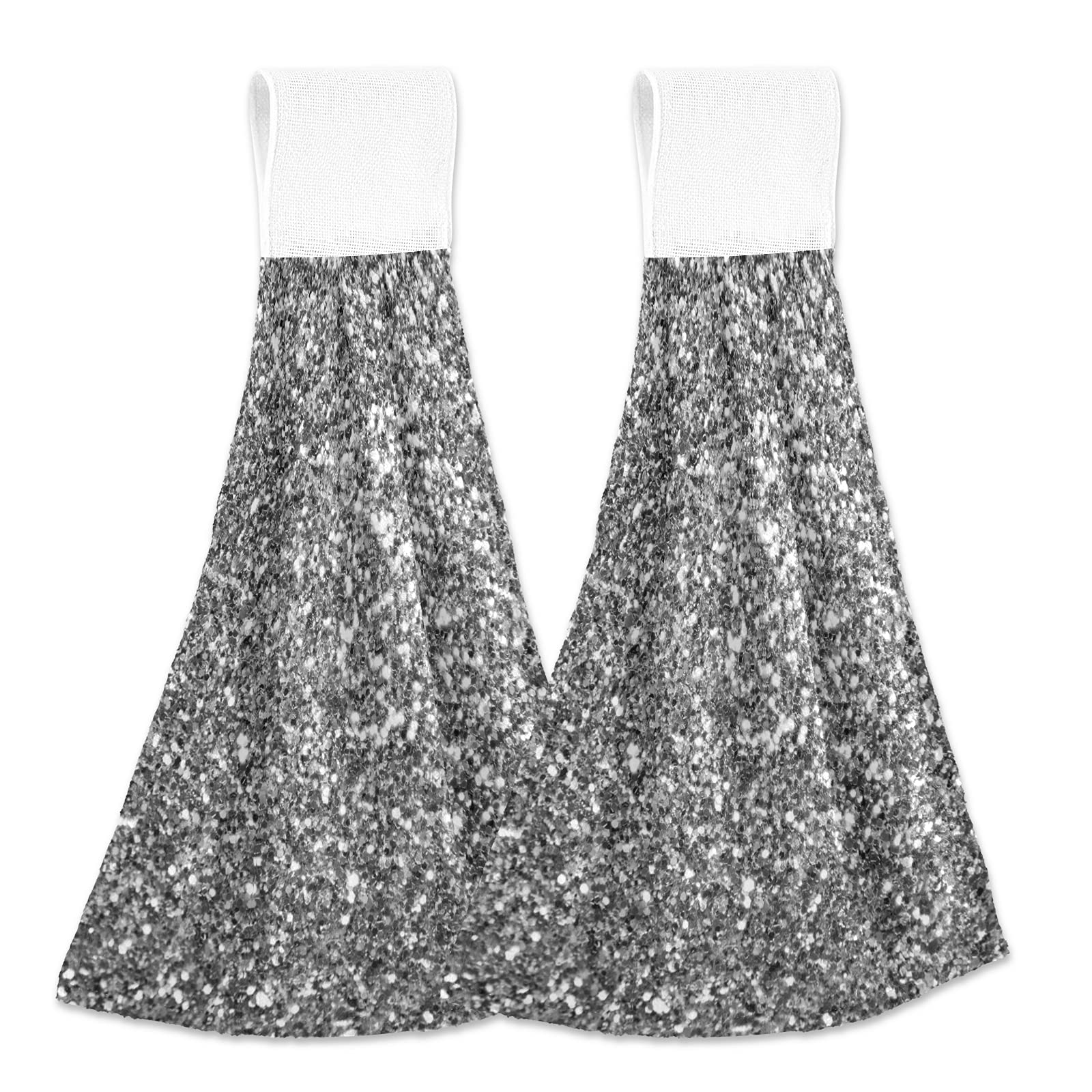 Poeticcity Silver,White,Yellow Silver White Shiny Glittering Background Yellow Holiday Tinsel Pattern 2 Pcs Hanging Kitchen Hand Towel, Dish Dishcloth Towels With Hanging Loop, Absorbent Tea Bar Bath Tie Towel For Tabletop Kitchen