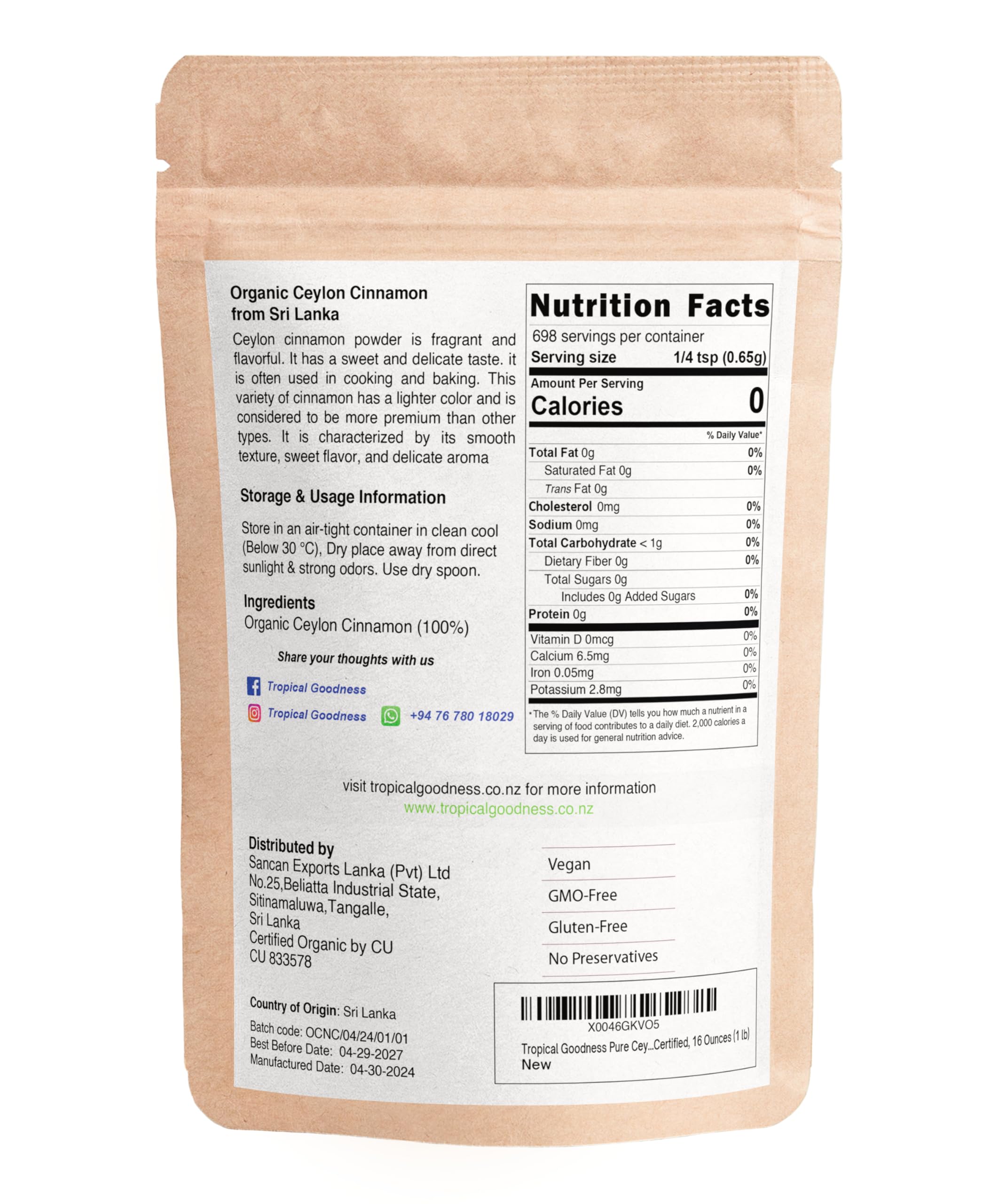 Tropical Goodness Ceylon Cinnamon Powder Organic 16oz/1lb, Authentic Tropical Flavour, USDA & Kosher Certified, Non-GMO, Gluten-Free