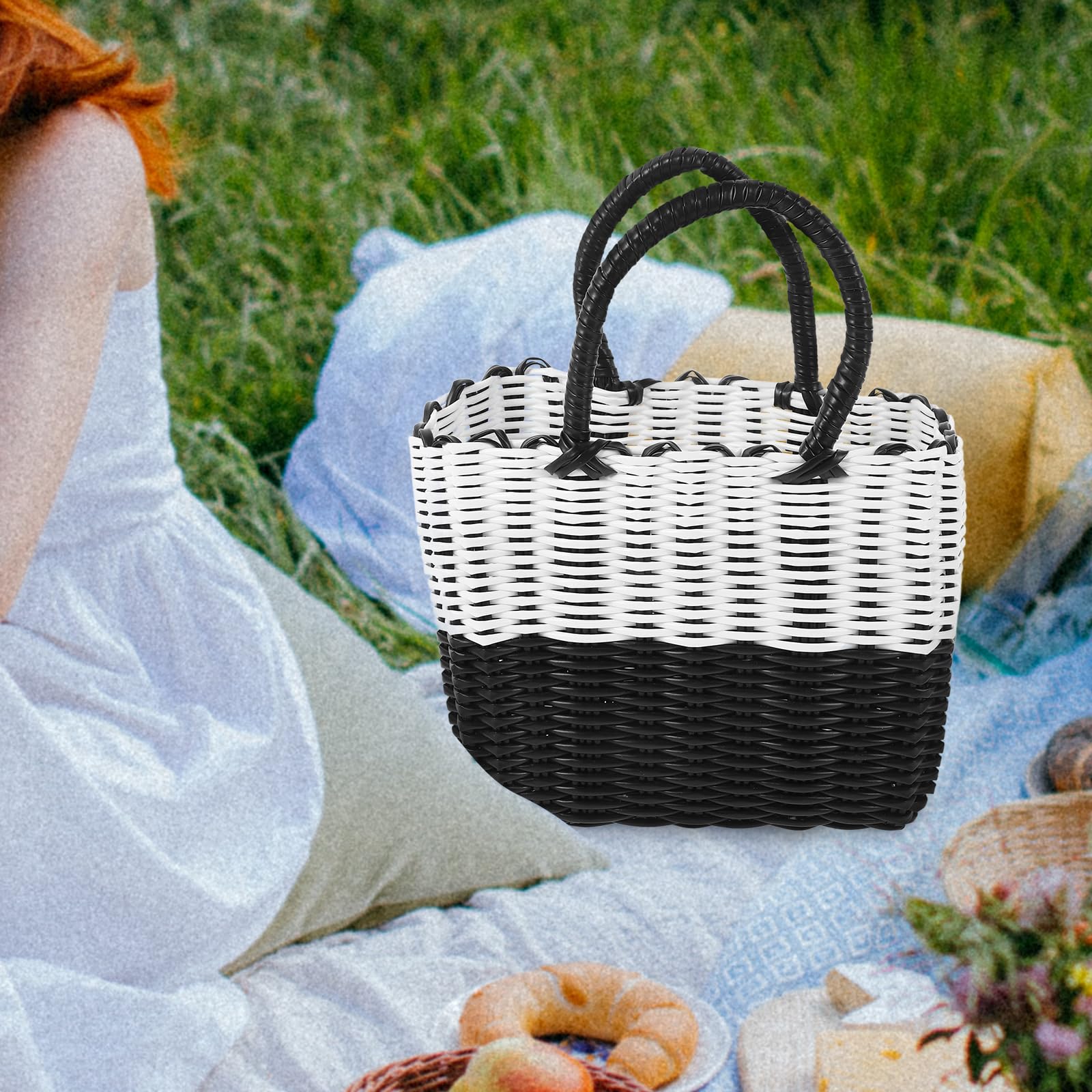 HANABASS Woven Picnic Basket with Handles Plastic Easter Washable Basket for Fruit, Wine, Gathering, Picnic?Harvest, Bathing, Sauna