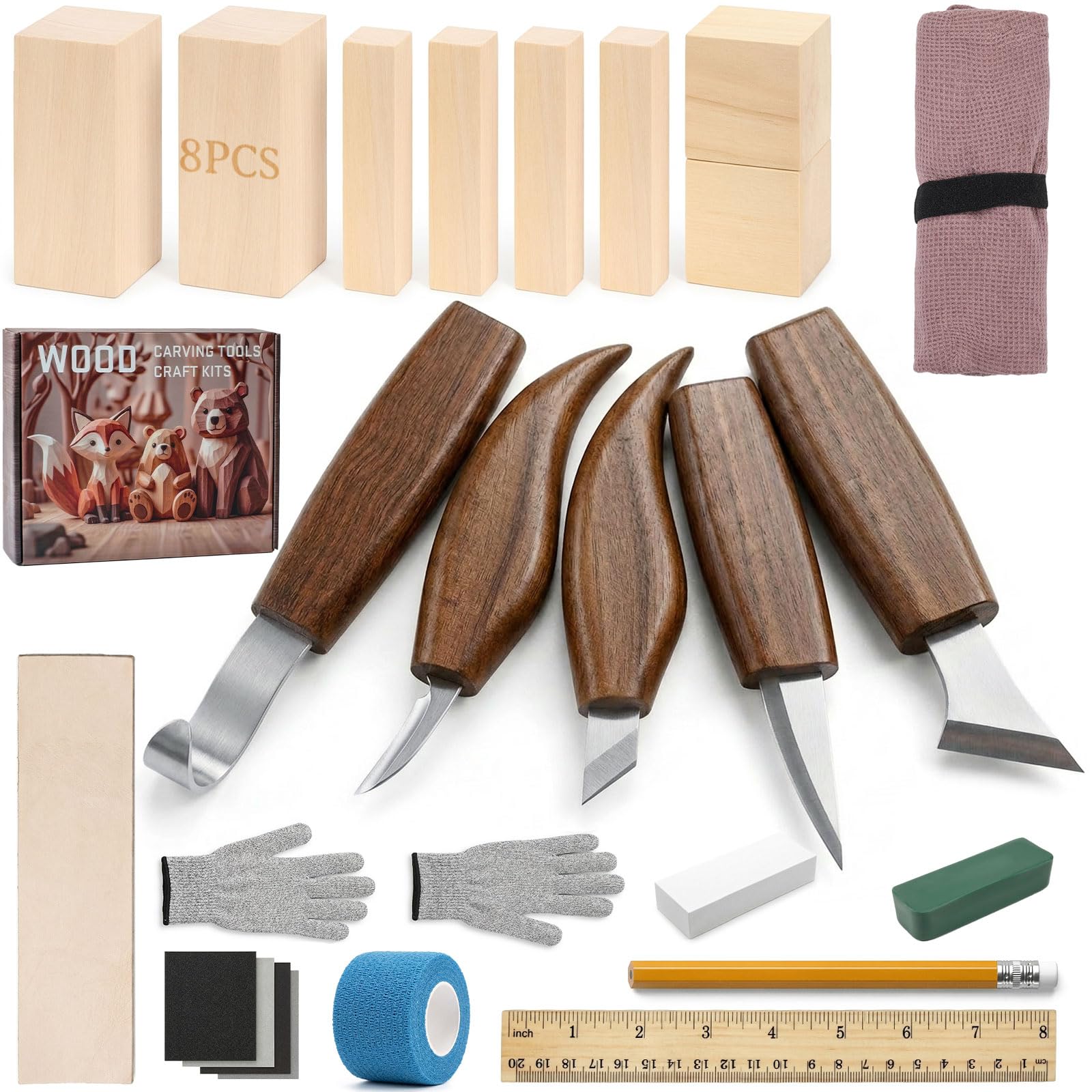 Kit de Tallado en Madera de 26 Piezas, PUYUKO Herramientas para Tallar Madera con 5 Cuchillos, 8 Bloques de Tilo para Tallar, Cuero de Afilar, Bolsa Enrollable y Guantes (26 Piezas)