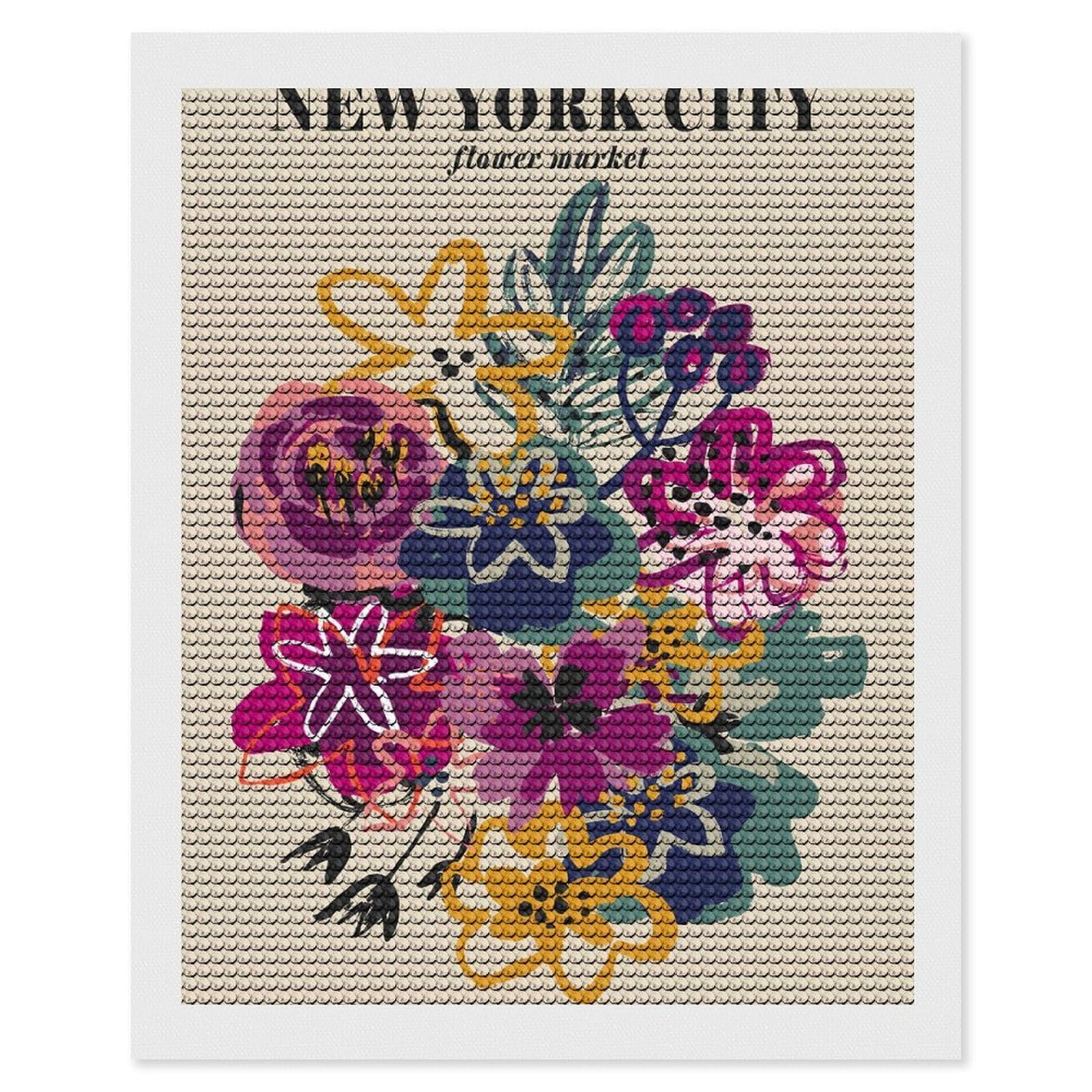Junmoney New York City Flower Market Print Full Drill Diamond Painting Kit 16"x20", for Teens, Adhesive Canvas, Bedroom Decor, Holiday Gift Idea