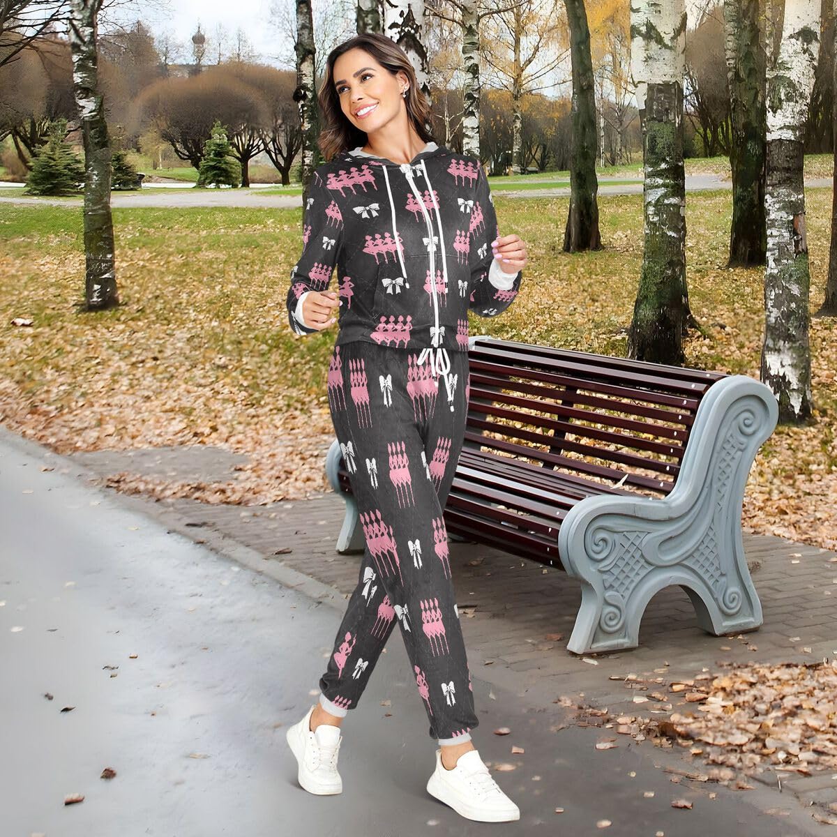 Conjunto deportivo de 2 piezas para mujer, conjunto deportivo de manga larga con lazo blanco