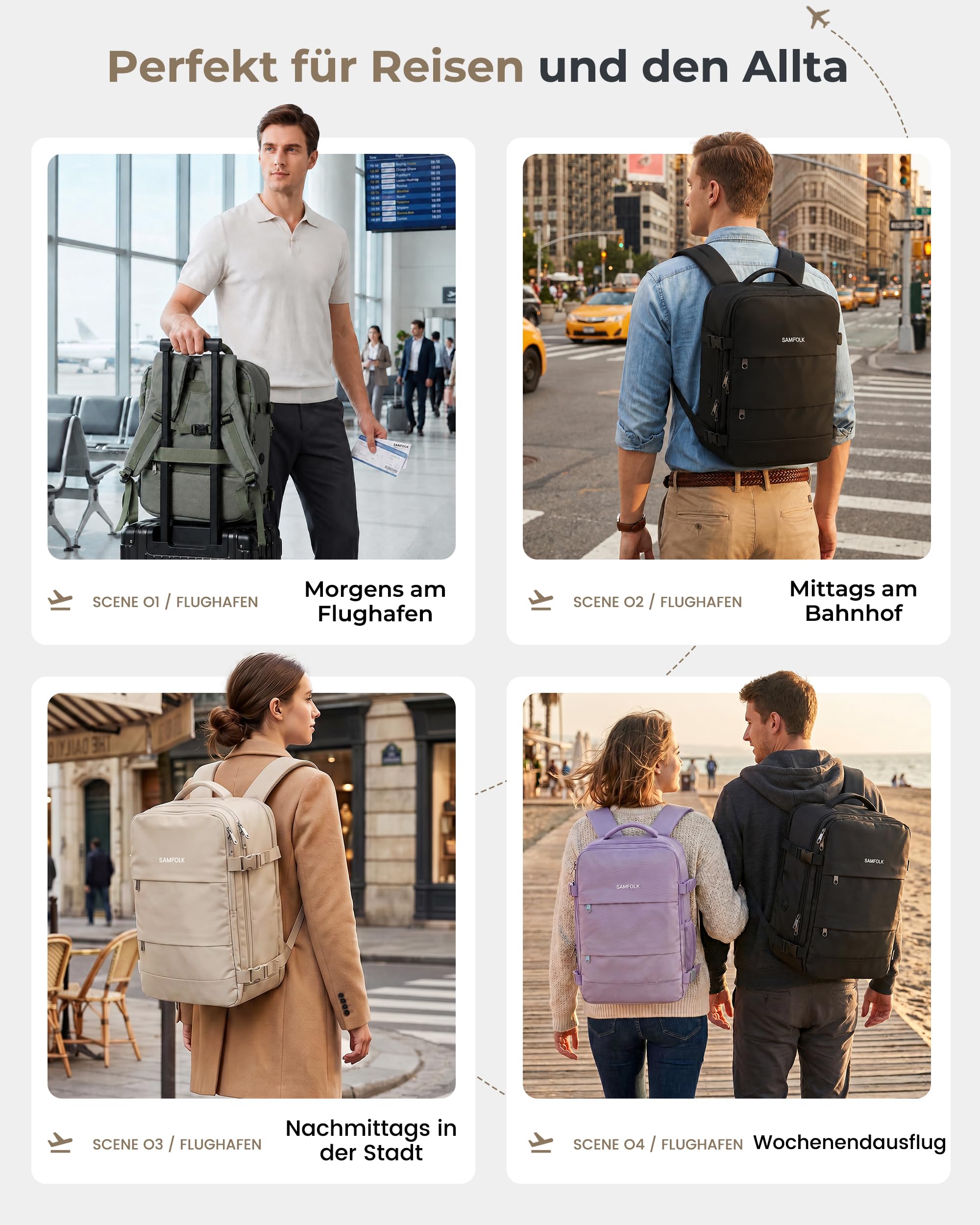 Samfolk Handgepäck Rucksack Ryanair Handgepäck 40x30x20 Travel Backpack 11 Taschen Carry On Bag Cabin Bags Mit Anti-Diebstahl-Tasche für Frauen & Männer Tragetasche Hand Luggage Backpack, 24L
