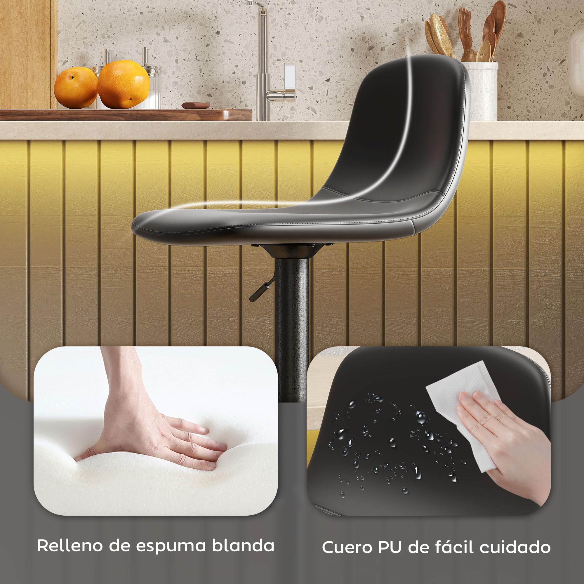 HOMCOM Juego de 2 Taburetes de Bar Taburetes Altos de Cocina Regulable en Altura 84-104 cm con Respaldo y Reposapiés Tapizado en PU Giratorio en 360° para Comedor Mostrador Negro