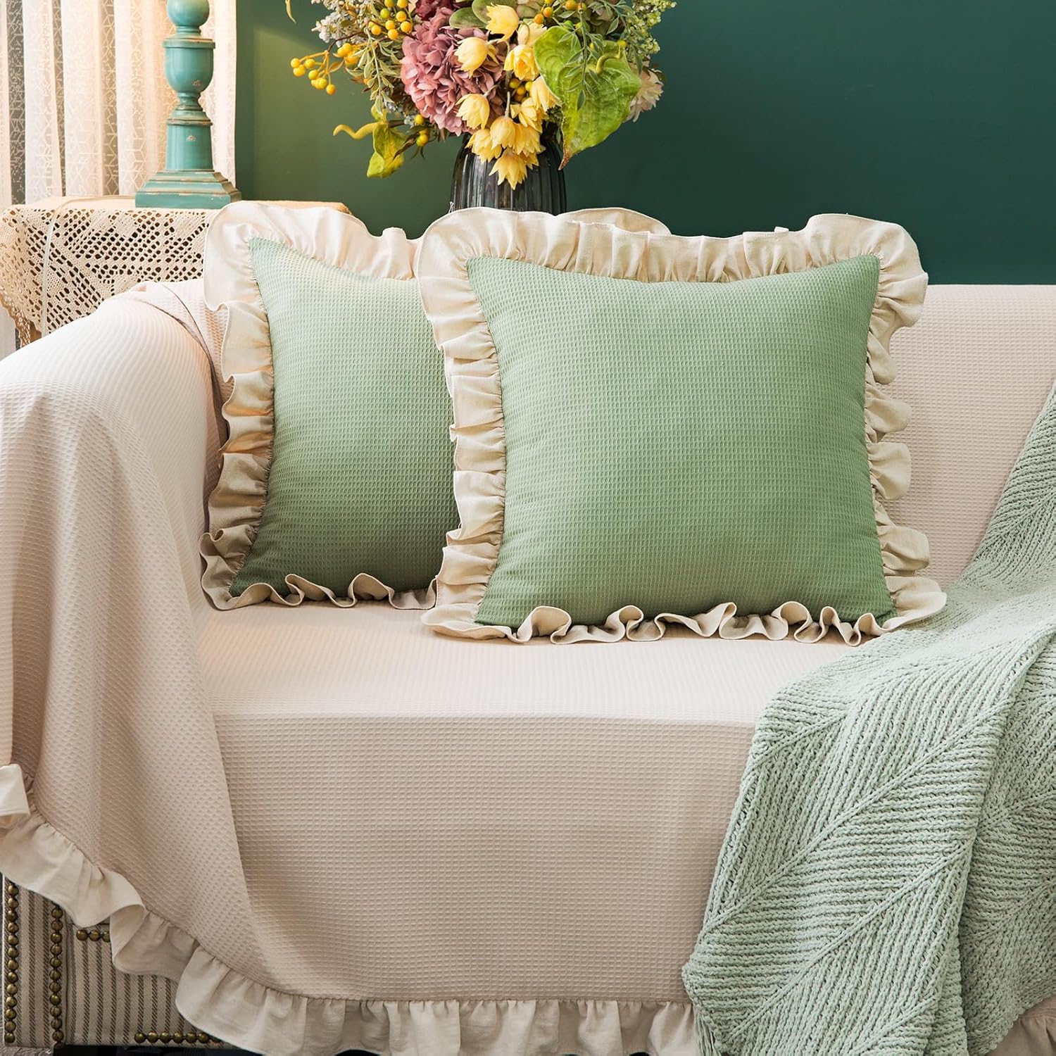 Waffle Weave Textured Throw Pillow Covers Set of 2 with Washed Cotton Retro Ruffle Flounces Trim Solid Decorative Pillow Cases for Home Livingroom and Bedroom Decor 18x18 Inch Pea Green - Image 4