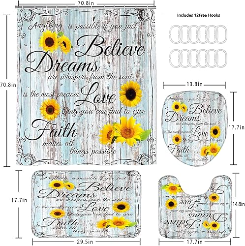 Miniatura 2 de AZHM Juego de 4 cortinas de ducha con diseño de girasol, con citas inspiradoras, juego de cortina de ducha con alfombras y accesorios, juego de