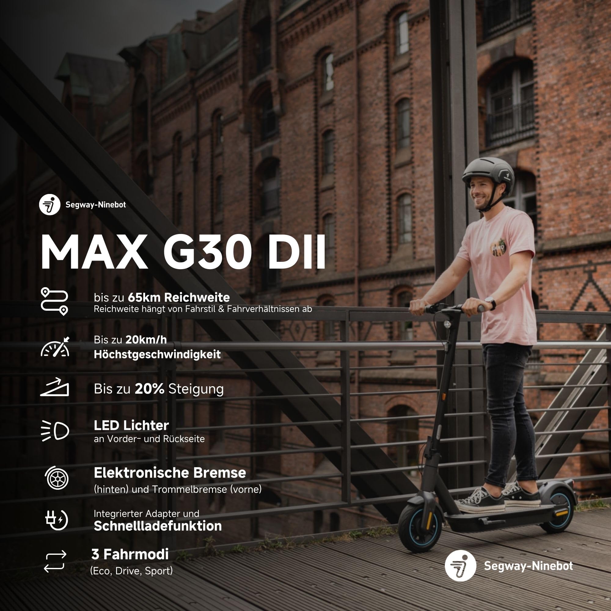 Segway-Ninebot MAX G30D II, E Scooter mit Straßenzulassung für Erwachsene, max. 20 km/h Geschwindigkeit, 65 km Reichweite, Lange Reichweite (2021 Version), grau