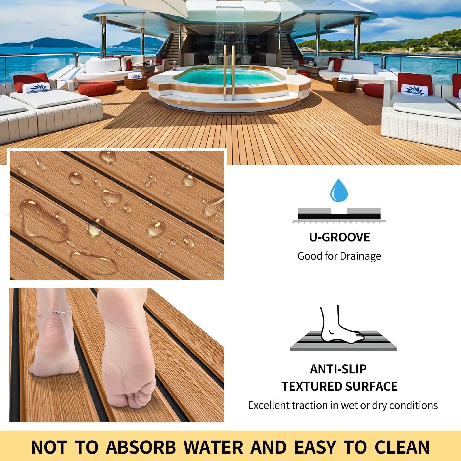 BIRJXVTO Revêtement De Sol Pour Bateaux - Autocollant - Tapis De Sol Antidérapant - Pour Yacht, Pont De Bateau, Kayak, Piscine,Marron,240X120CM