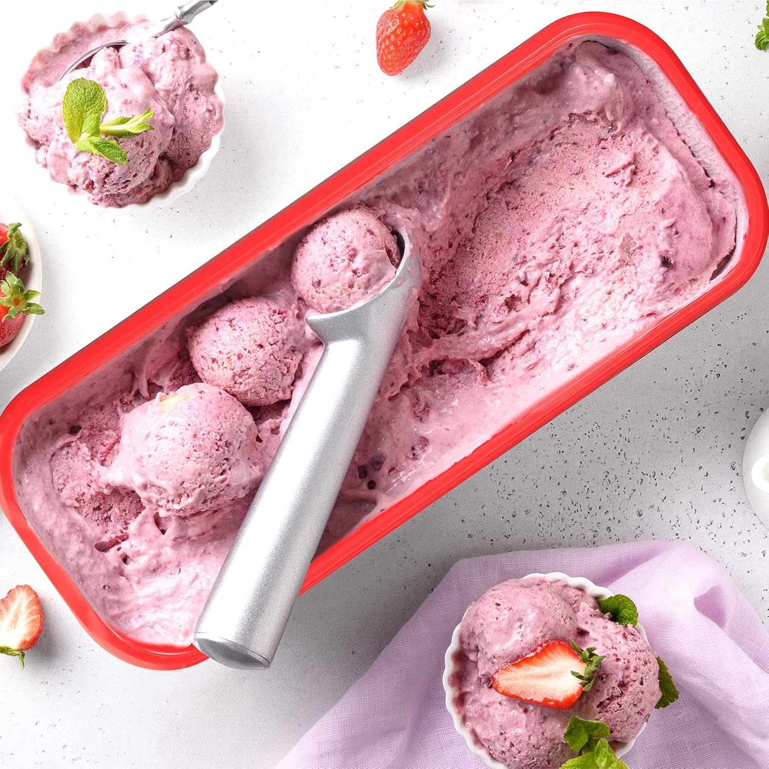 Nuenen 4 Pcs Reusable Ice Cream Containers with Lids and a Scoop 1.5 Quarts Plastic Rectangle Dessert Storage Tubs Homemade Ice Cream Storage Containers for Freezer Kitchen Refrigerator (Cute Colors) - Image 4