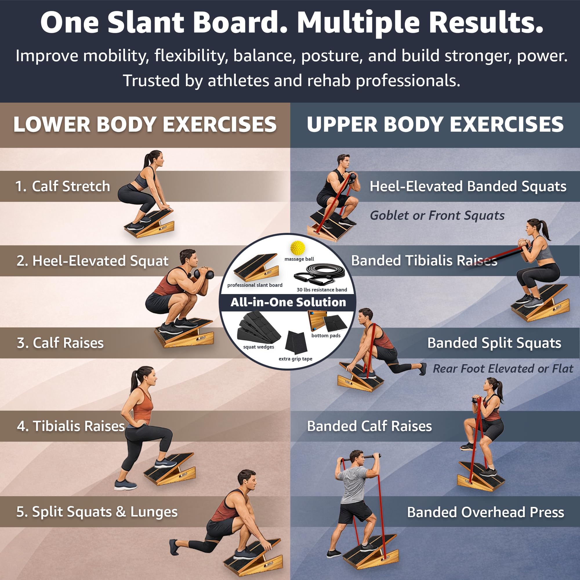 BAM - Tablas inclinadas para ejercicio, tabla inclinada de madera ajustable para estirar pantorrillas, sentadillas, terapia física, fascitis plantar, tendón de Aquiles, rodilla, pie y tobillo, tabla