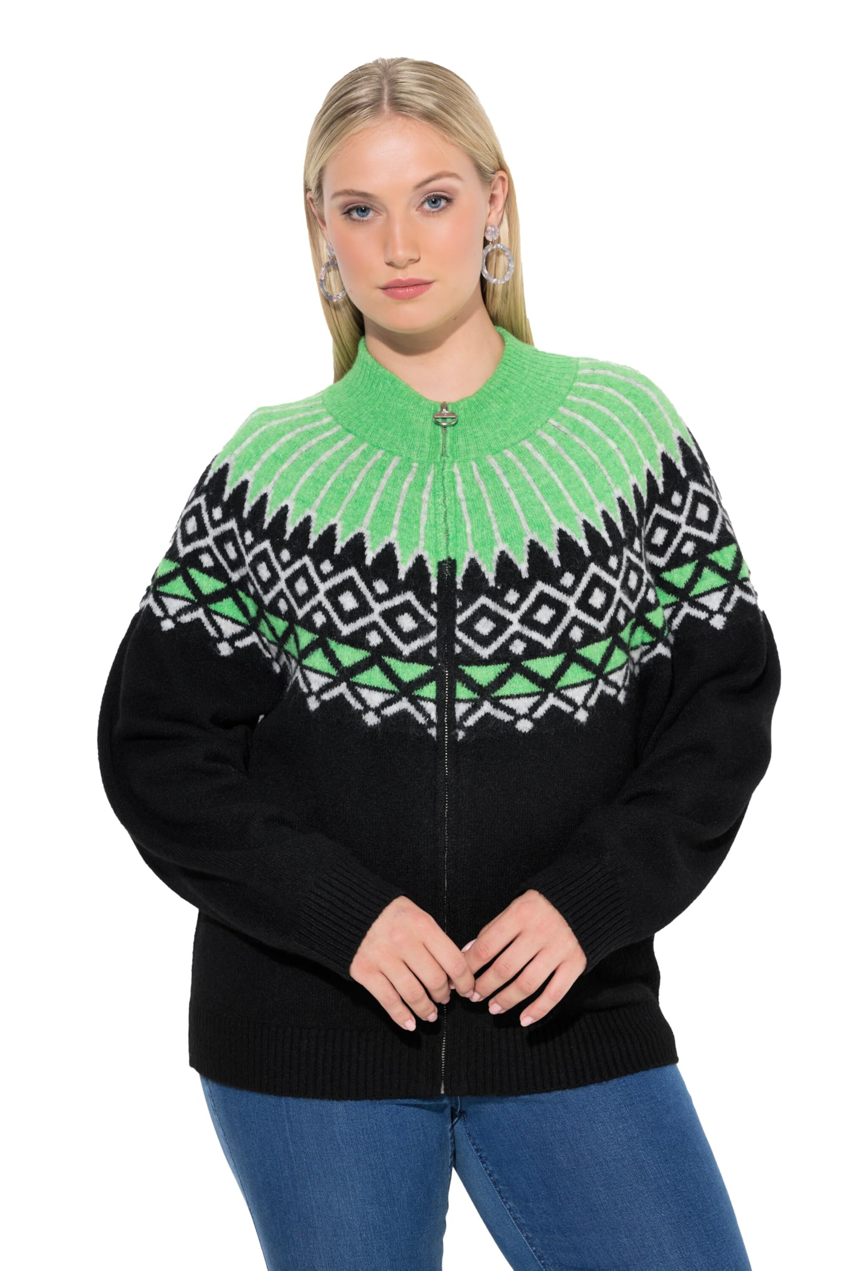 Ulla Popken Damen große Größen Übergrößen Plus Size Norweger-Strickjacke, Stehkragen, Reißverschluss, Langarm 844278