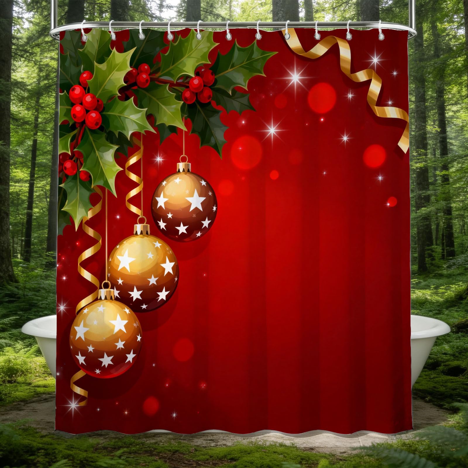 Hongduo 3D Christmas Shower Curtain for Stalls Bathtubs Winter Bathroom Decor Shower Curtain Set Polyester Fabric Waterproof 200x200cm/79X79 Inch with Hooks