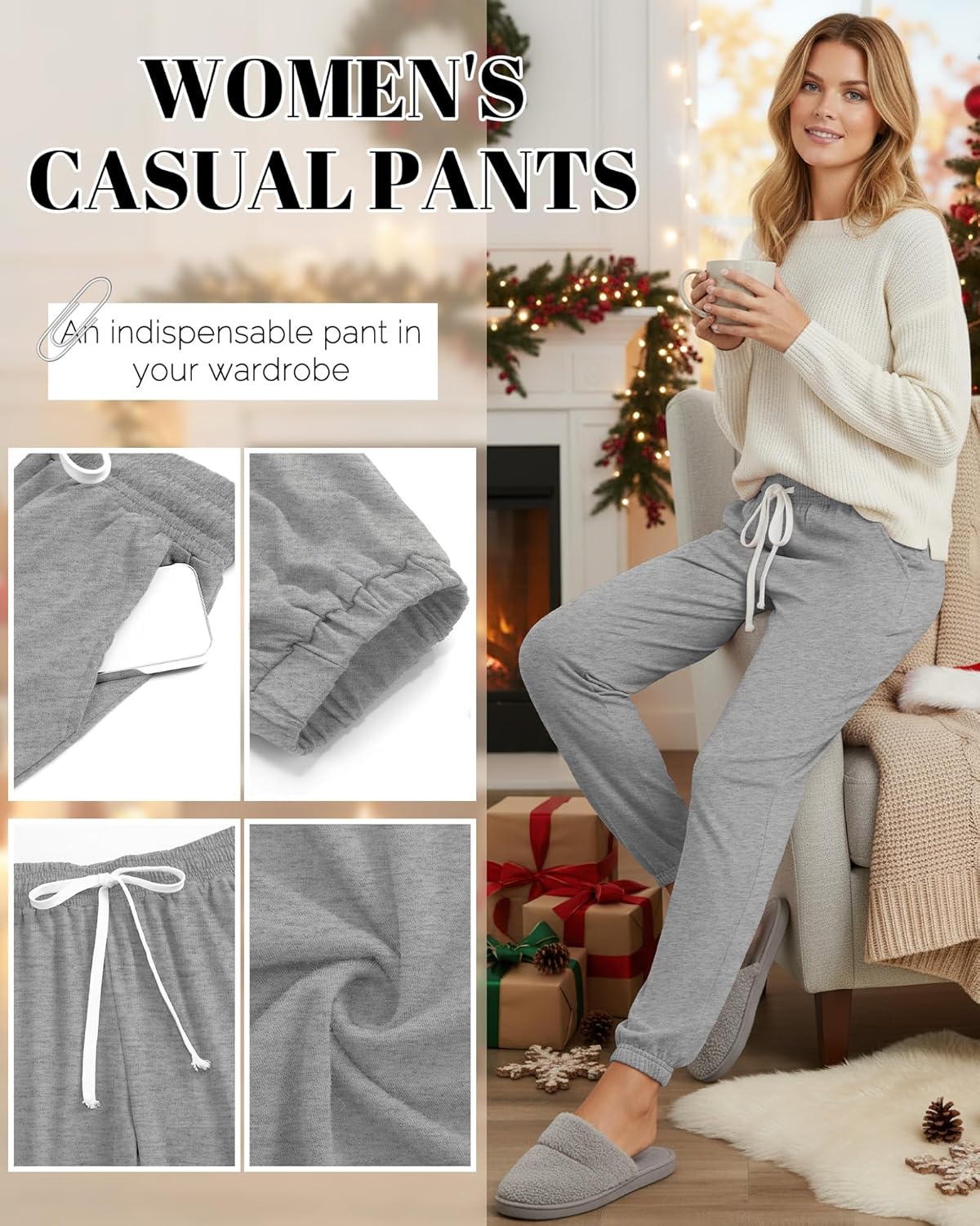 3 Pack Women's Sweatpants Joggers Lightweight Lounge Casual Yoga Pants High Waist Elastic Drawstring with Pockets(Black, Dark Heather Grey, Light Heather Grey,Large) - Image 4