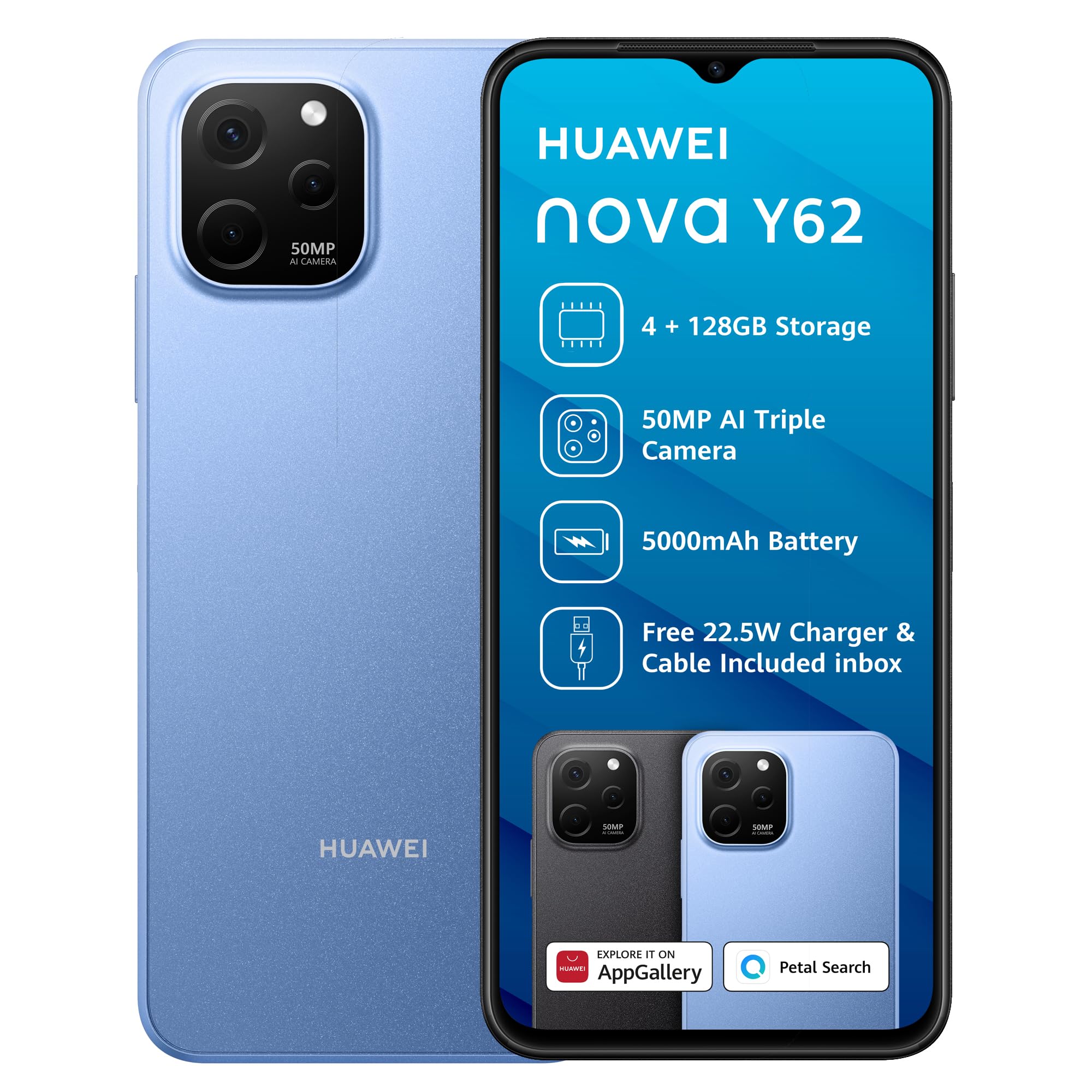 Huawei Nova Y62 4GB 128GB Dual Sim Smartphone, Sapphire Blue
