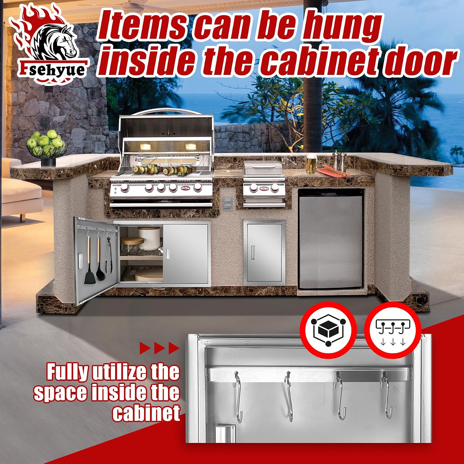 Outdoor Kitchen Door 39'' W x 26'' H Double BBQ Access Door Stainless Steel Flush Mount Doors Wall Vertical Doors with Handle and Hooks Suitable for Grilling Station BBQ Island Outside Cabinet