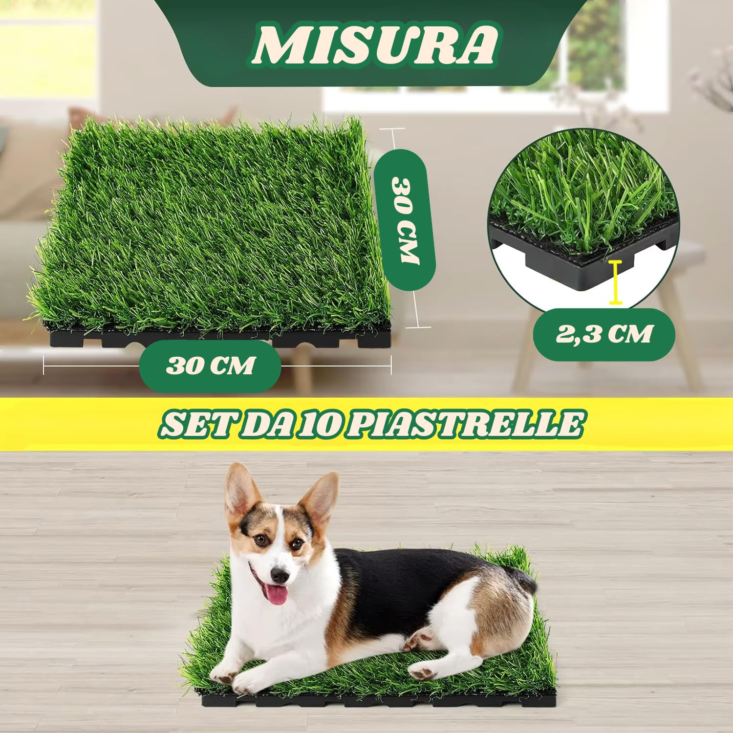 Piastrelle Erba Sintetica Esterno Interno Set da 10 Prato Artificiale Incastro Drenaggio Acqua 30 x 30 x 2,3 cm Realistico Pavimento Morbido Terrazza Patio Giardino Balcone Bordo Piscina
