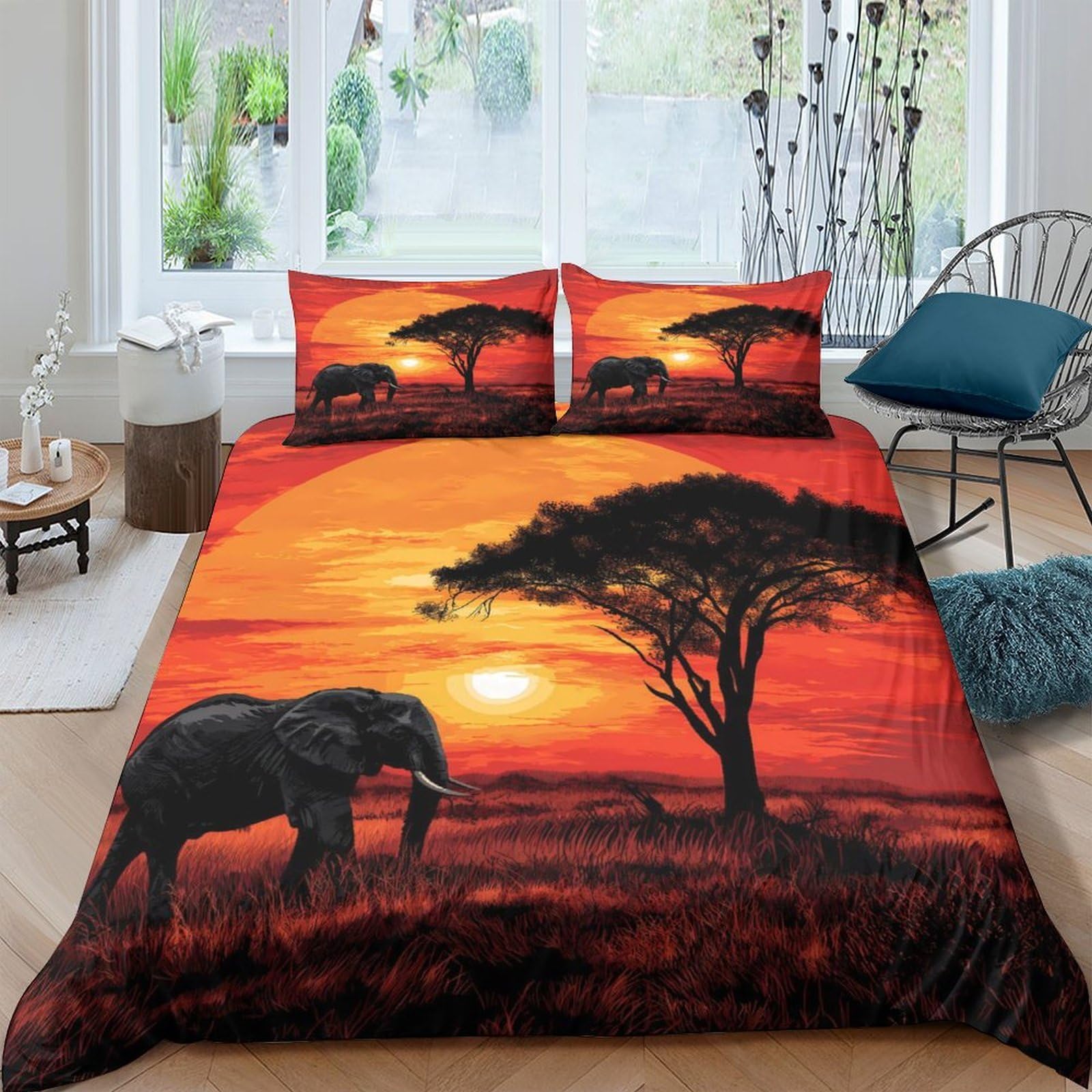 Ctjqhvkz Style-5 3D Printed African Sunset Fitted Sheet Microfiber Orange Elephant Tree Mattress Cover Bedroom Decor Dustproof Single（135X200cm）
