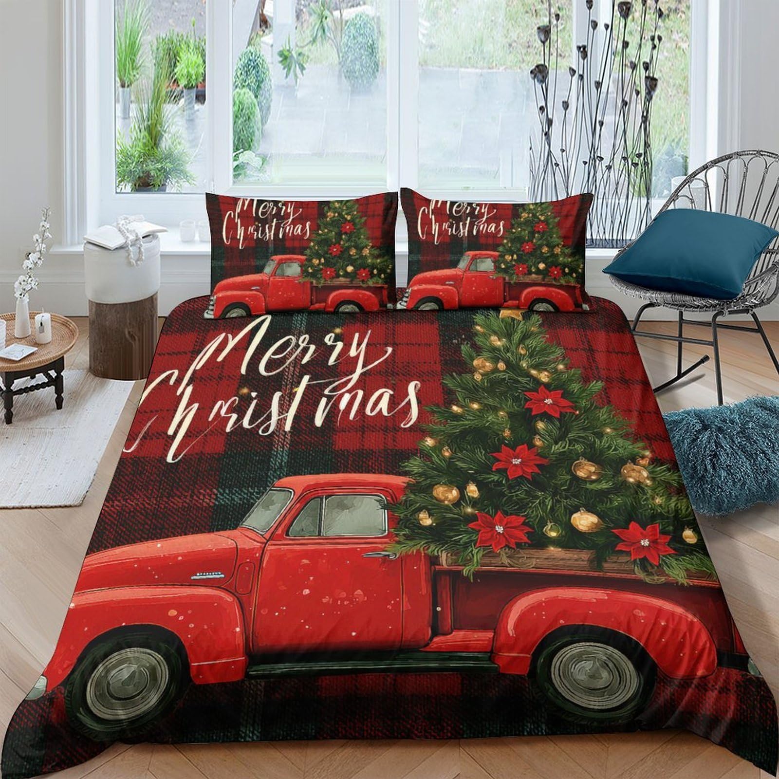 Ctjqhvkz Style-1 3D Printed Red Christmas Truck Fitted Sheet Microfiber Soft Breathable Pine Tree Bed Cover For Home Bedroom Guest Room Decor Single（135X200cm）