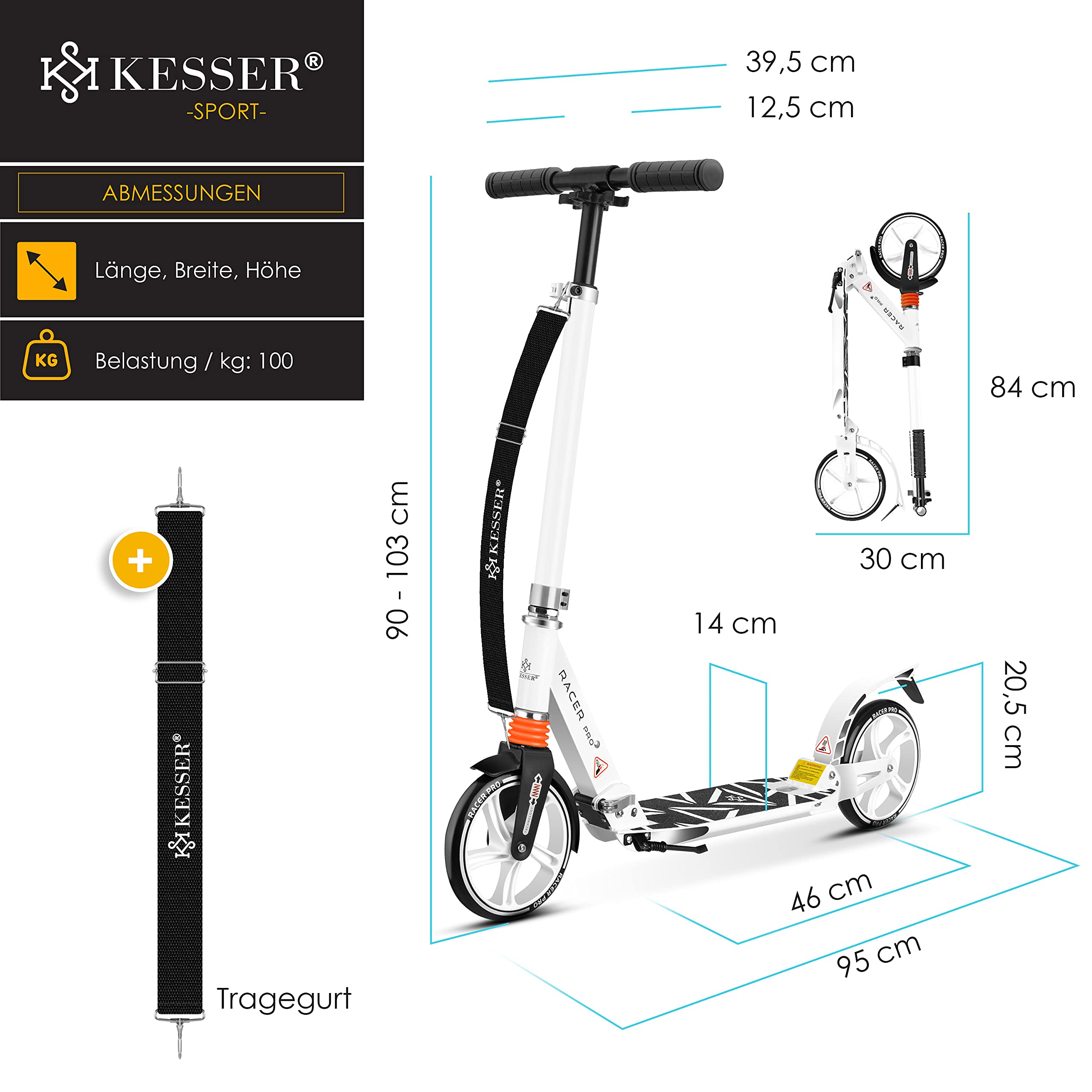 KESSER® City Scooter 205 mm, Ruedas PU Big Wheel - Pro-S Kick Scooter Con Doble Suspensión, Patinete Plegable y Regulable en Altura