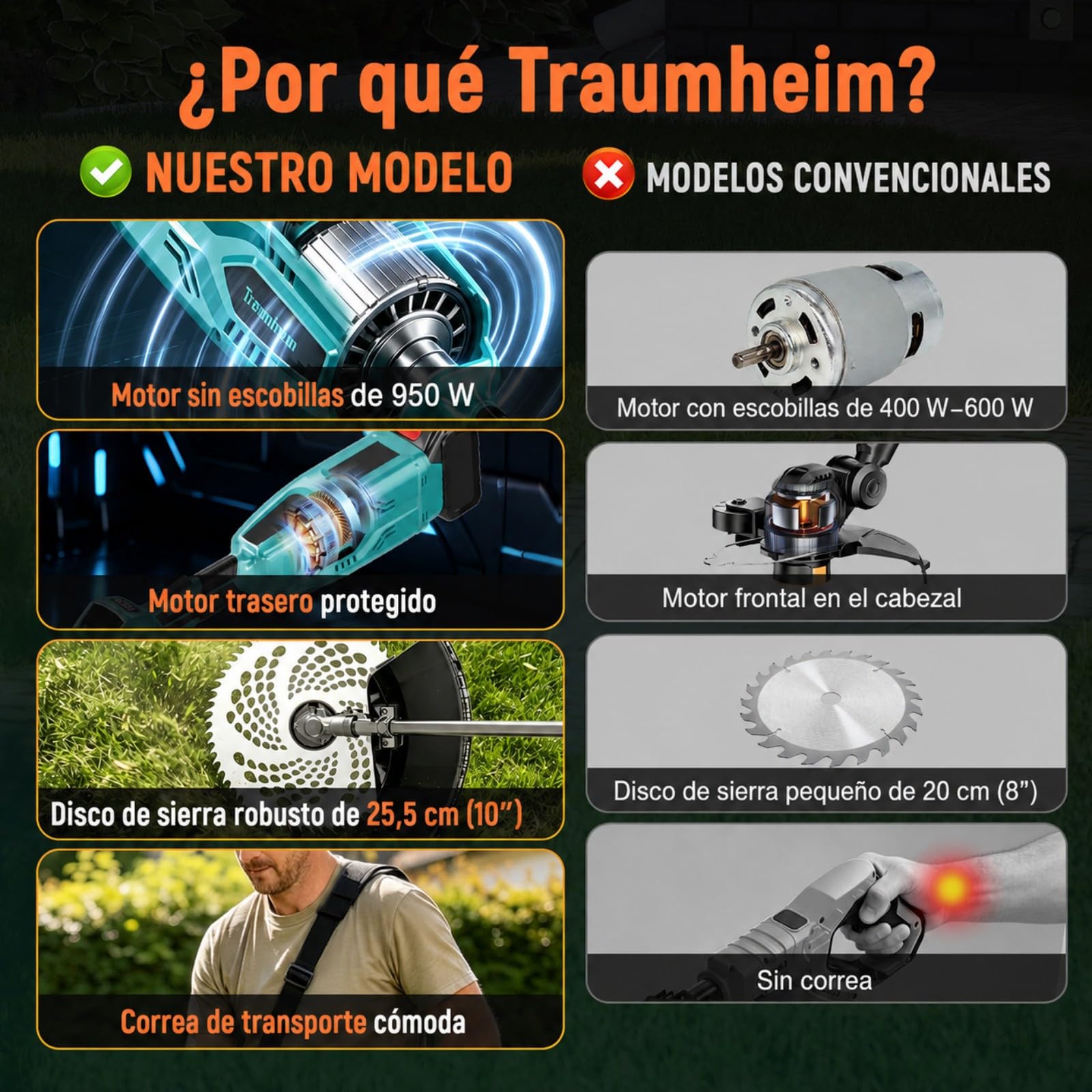 Recortador inalámbrico Traumheim 4-en-1 para Makita 950W | Motor sin escobillas, cepillo para malezas de 15 cm, sistema Tap&Go, tubo alargado, incluye 2 baterías de 4,0 Ah