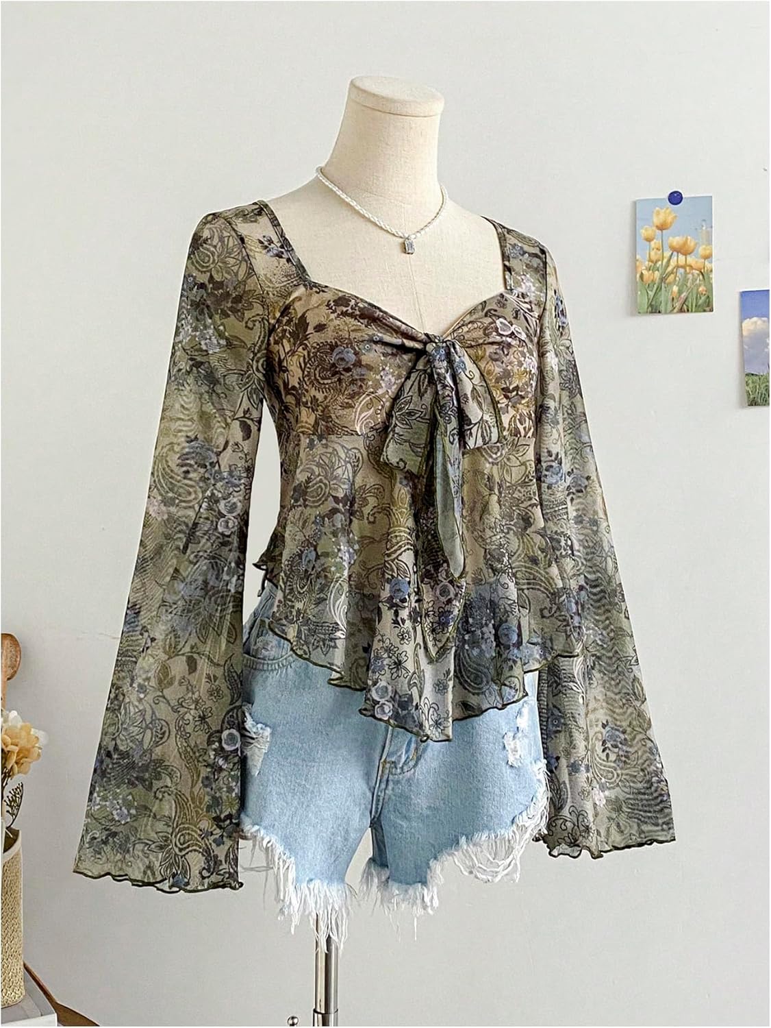 Milumia Women's Sweetheart Neck Long Bell Sleeve Shirt Top Tie Front Ruffle Hem Babydoll Tops - Image 2