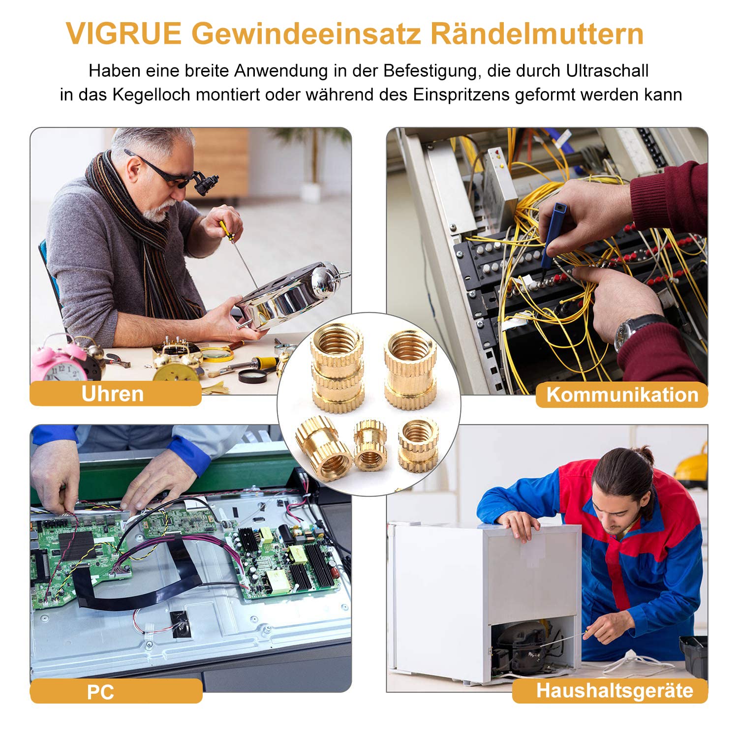 VIGRUE 380 szt. nakrętek gwintowanych M2 M2,5 M3 M4 M5 M6 nakrętki gwintowane mosiężne tuleje gwintowane gwint wewnętrzny nakrętki radełkowane do części z tworzywa sztucznego poprzez ciepło lub